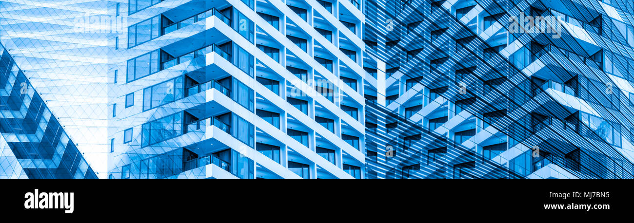 Architektur hautnah, Windows der Wolkenkratzer. Glas und Beton. Städtische Landschaft, City Business District. Modernen abstrakten Hintergrund. Glasfassaden Stockfoto