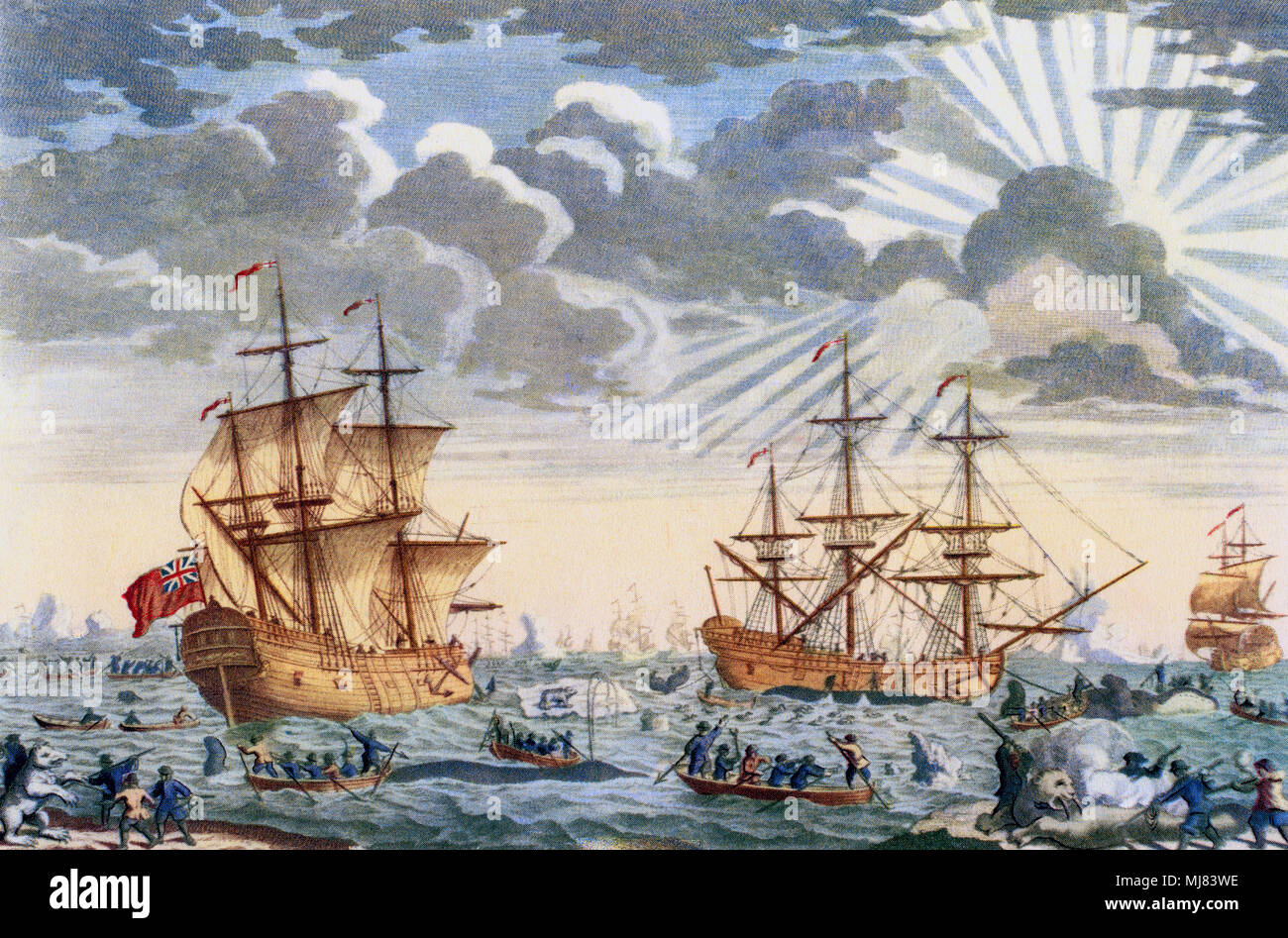 Grönland Wal Fischerei im 18. Jahrhundert. Von den britischen Polarforscher, veröffentlicht 1943. Stockfoto