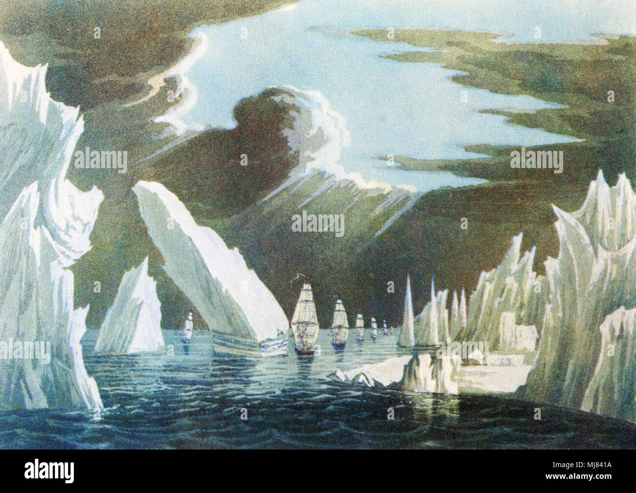Passage durch das Eis, Juni 1818. Nach einer farbigen Aquatinta von Sir John Ross's Reise der Entdeckung, 1819. Admiral Sir John Ross, 1777 - 1856. British Naval Officer und Arctic Explorer. Von den britischen Polarforscher, veröffentlicht 1943. Stockfoto