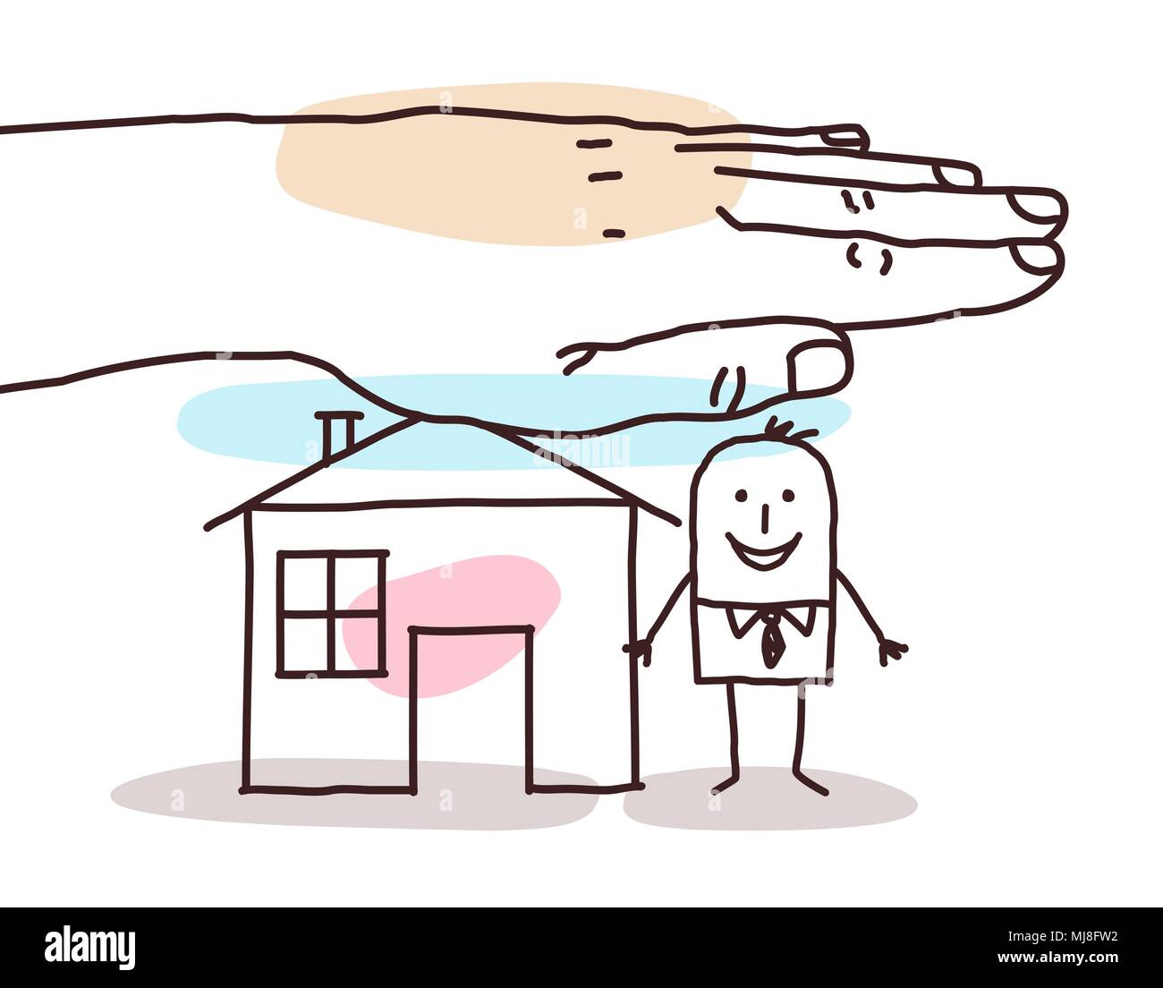 Schutz grosse Hand-Cartoon Mann mit Haus Stock Vektor