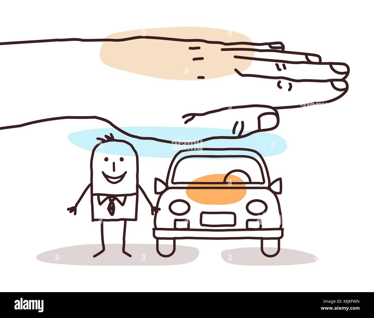 Schutz grosse Hand-Cartoon Mann mit dem Auto Stock Vektor