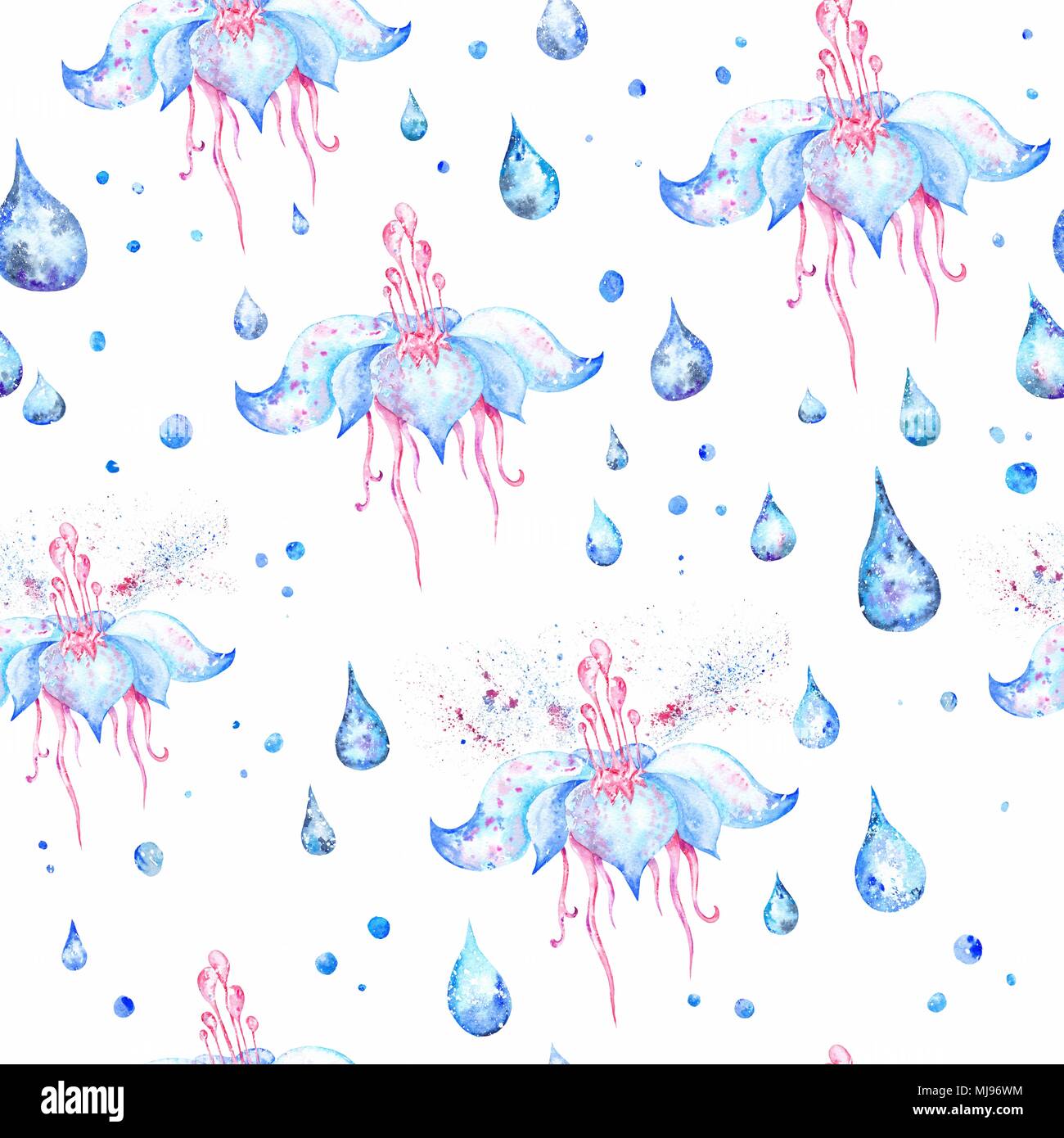 Aquarell nahtlose Textur mit Lotus, Wassertropfen und Farbe spritzen auf weißem Hintergrund Stockfoto