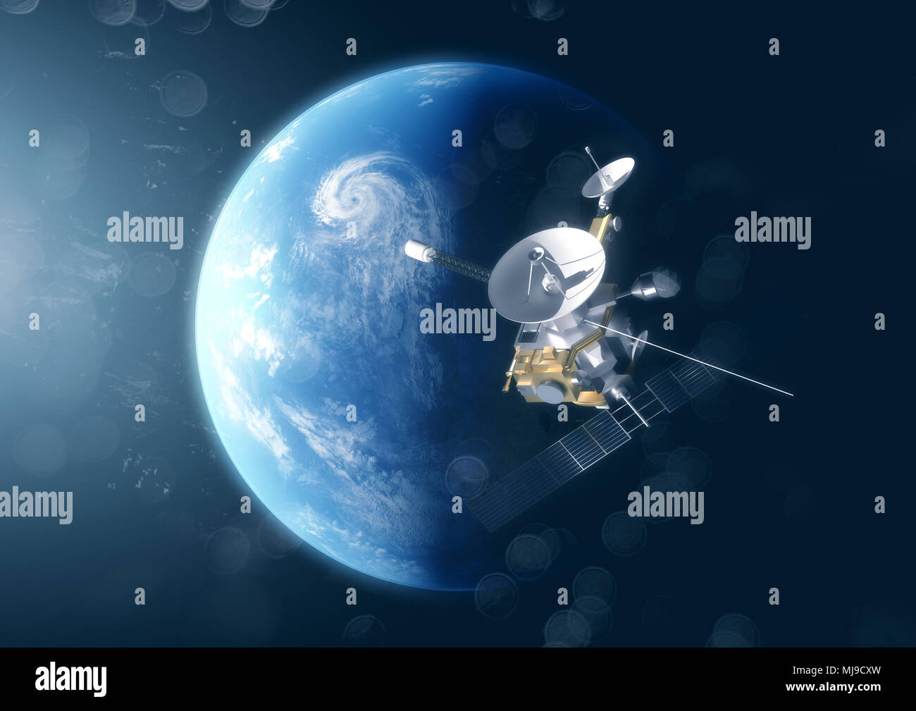 Sat Sonde im Raum über der Erde. 3D-Darstellung. Stockfoto