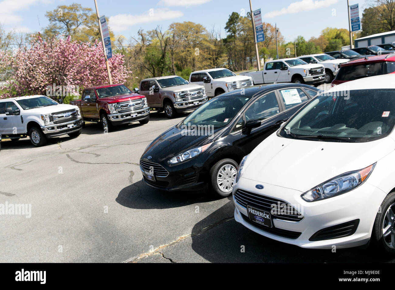 Ford Fiesta, Focus, Fusion Pkw auf einen Händler viel mit Pick-up-Trucks es den Hintergrund in Seaford, Delaware am 29. April 2018. Stockfoto