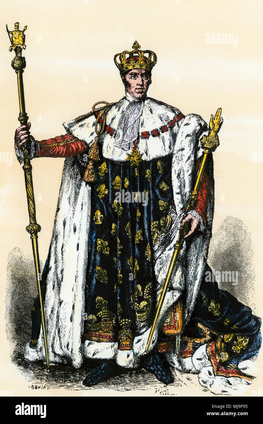 Karl X., König von Frankreich 1824-1830, ultraroyalist Mitglied der Bourbon Familie. Hand - farbige Holzschnitt Stockfoto