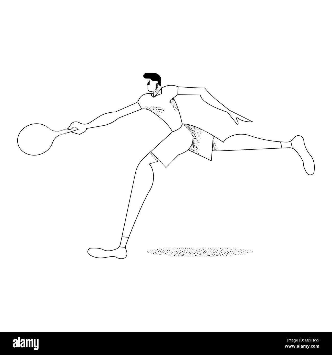 Mann spielt Tennis, modernen schwarzen und weißen Umrisse Stil. Junge mit Schläger in Aktion über isolierte Hintergrund. EPS 10 Vektor. Stock Vektor