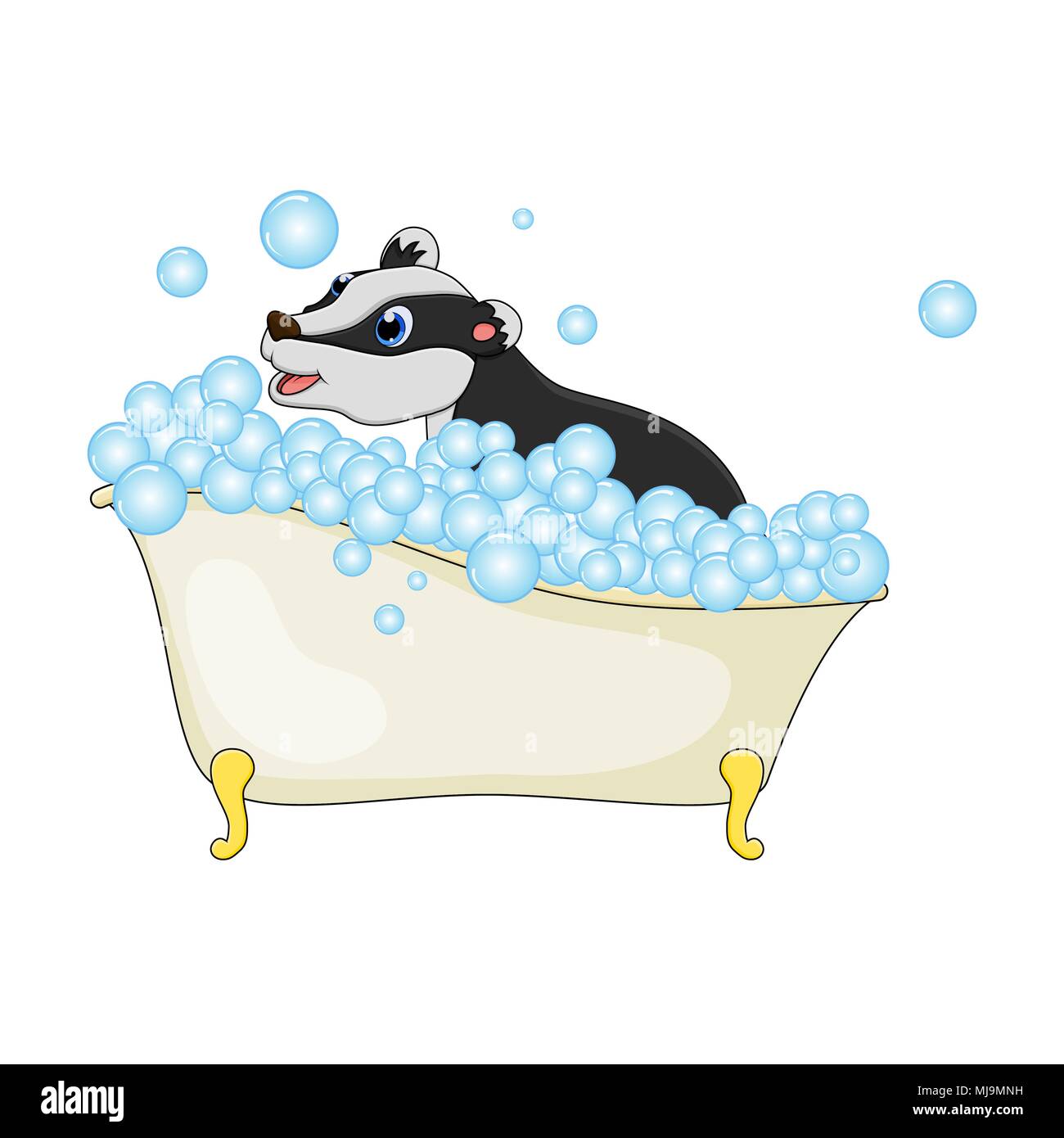 Cartoon Badger in der Badewanne mit Blasen auf weißem Hintergrund Stock Vektor