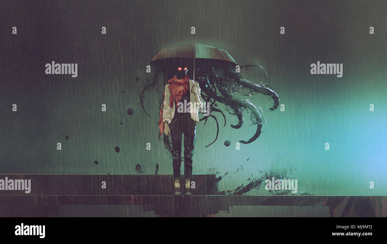 Horror Konzept der Geheimnis Frau mit dem Regenschirm mit schwarzen Tentakeln innerhalb in der regnerischen Nacht, digital art Stil, Abbildung Stockfoto