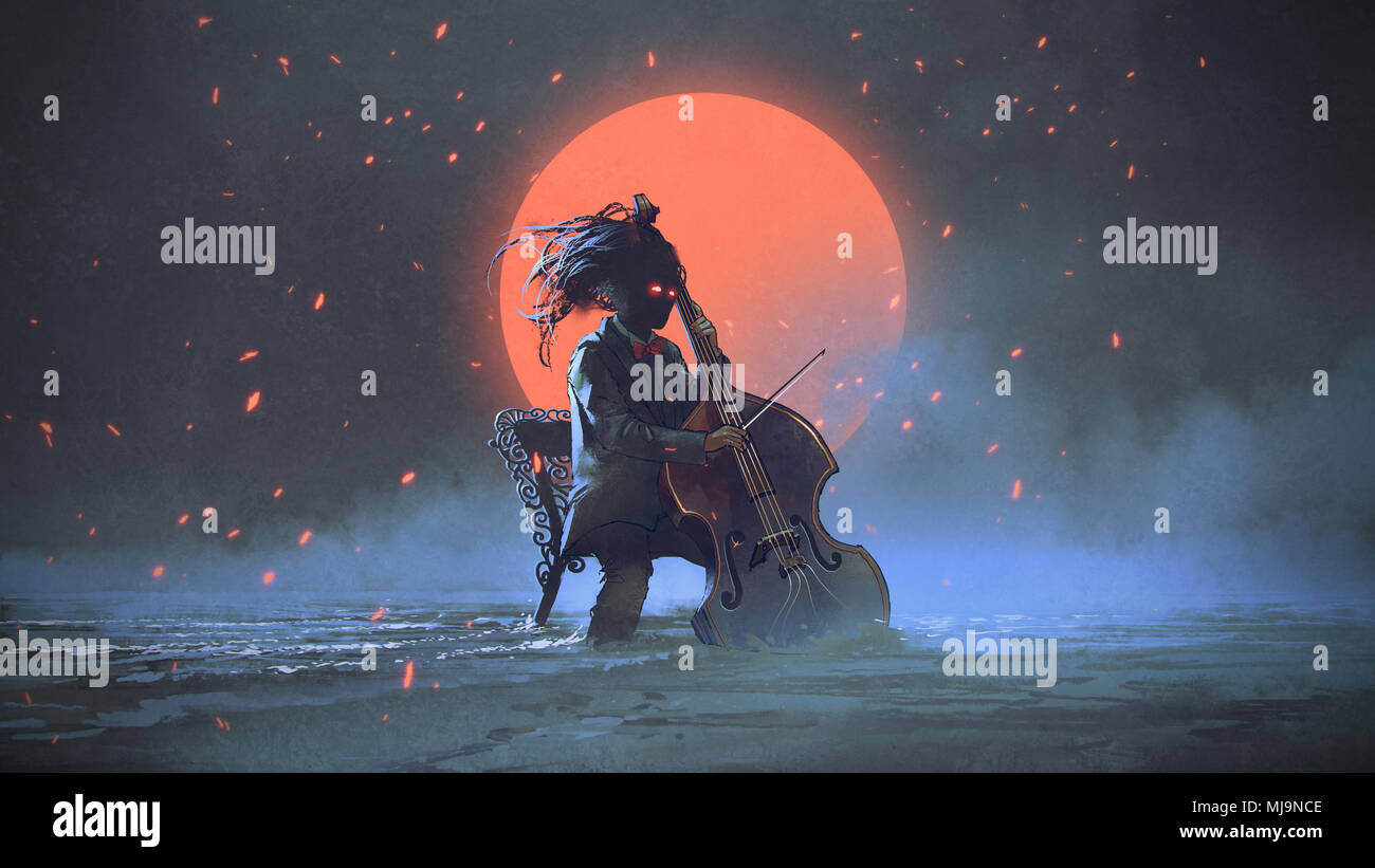 Mysteriöser Mann sitzt auf einem Stuhl spielen das Cello im Meer aginst den Nachthimmel mit den roten Mond, digital art Stil, Illustration Malerei Stockfoto