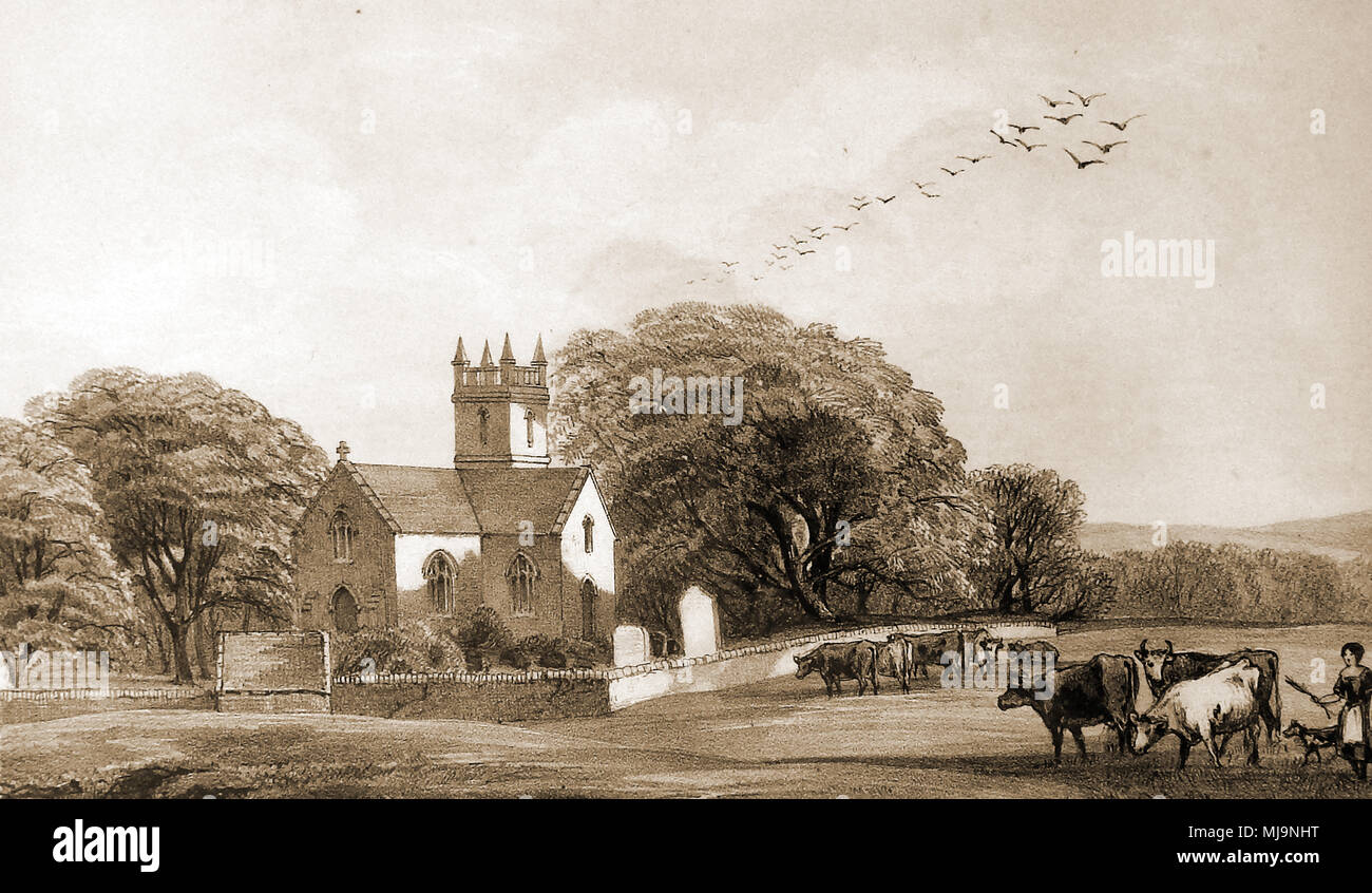 Das 19. Jahrhundert Kupferstich zeigt das Dorf Kirche Borgue, Dumfries und Galloway, Schottland, bevor viele der modernen Gebäuden in der Nähe existierten (Kirche von Schottland) Stockfoto