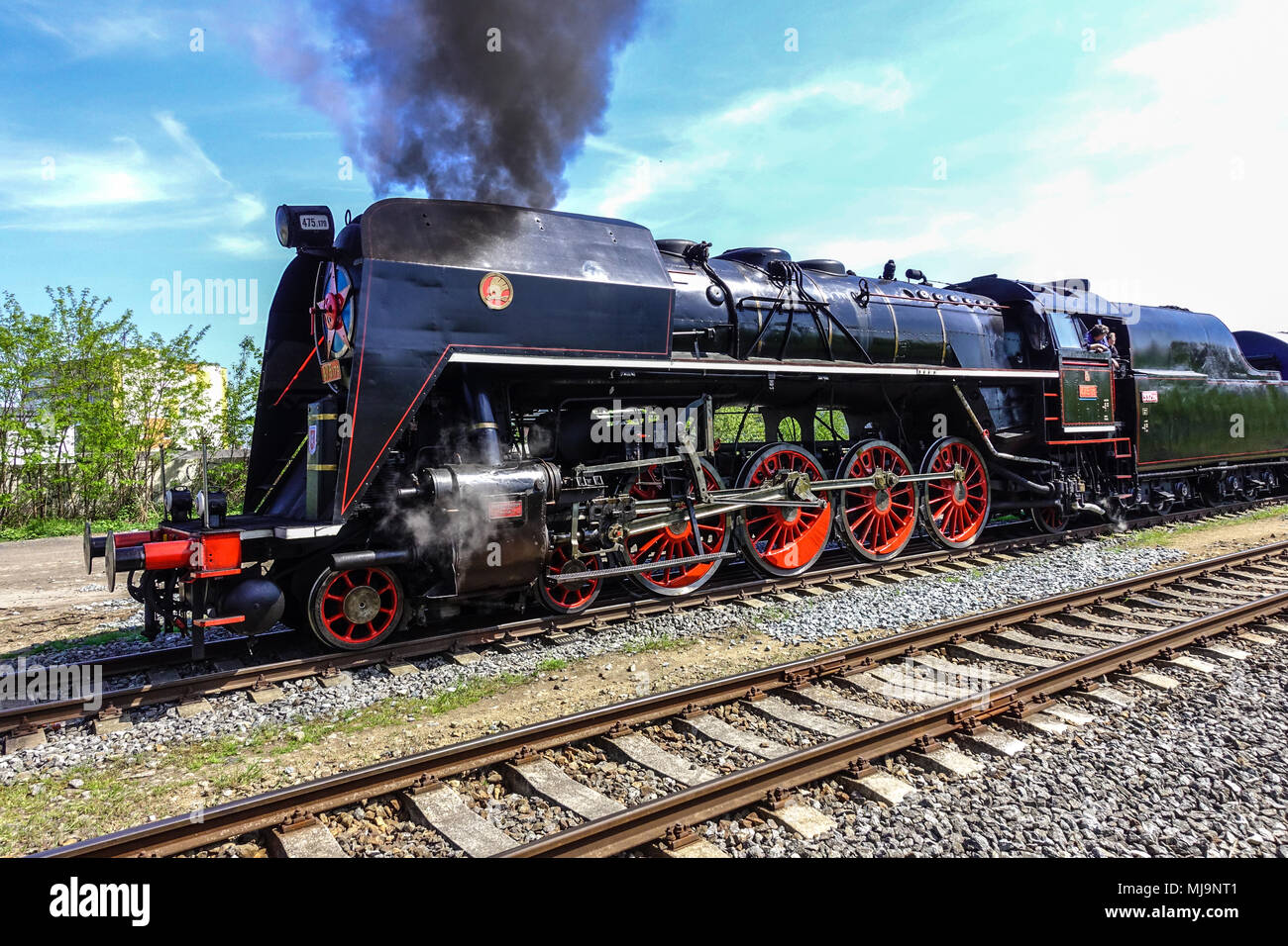 Tschechische Bahn historische Lokomotive 475,1 ein Dampf war Lok hergestellt 1948 in Skoda Plzen. Den Spitznamen Adlige, Tschechische Republik Stockfoto