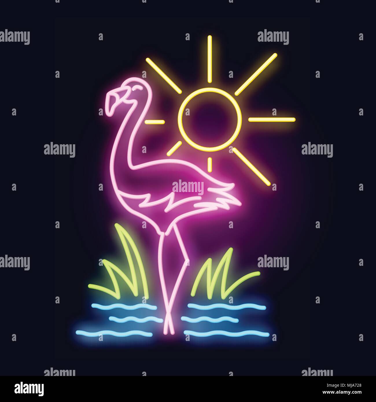 Tropische Neon Tube Light mit einem rosa Flamingo, Meer und Sonne. 2-in-1-Vector Illustration Stock Vektor
