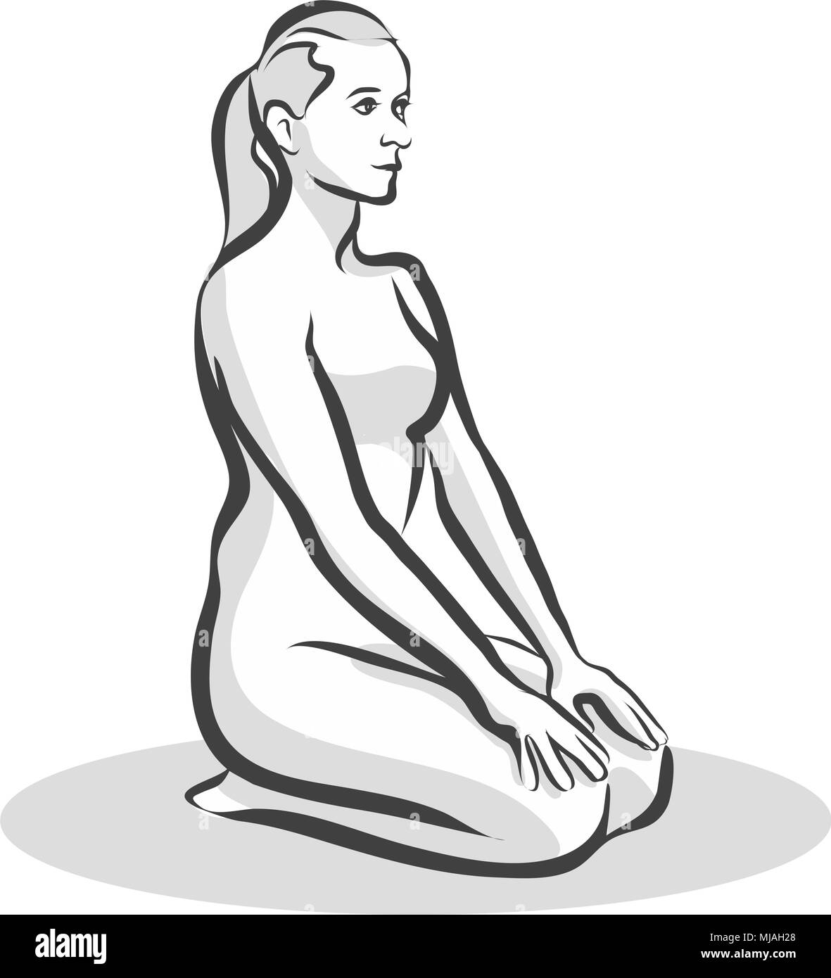 Hand gezeichnet Thunderbolt Vajrasana darstellen, Yoga Frau. Vektor Kontur Abbildung. Stock Vektor