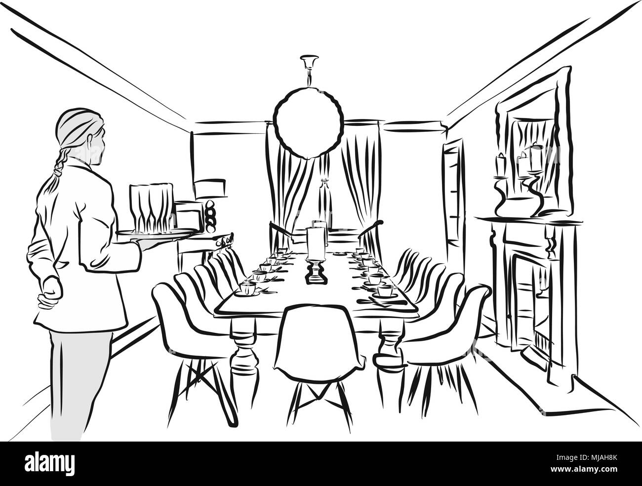 Essen Zimmer mit Stewardess im Vordergrund, Skizzieren Skizze Stock Vektor