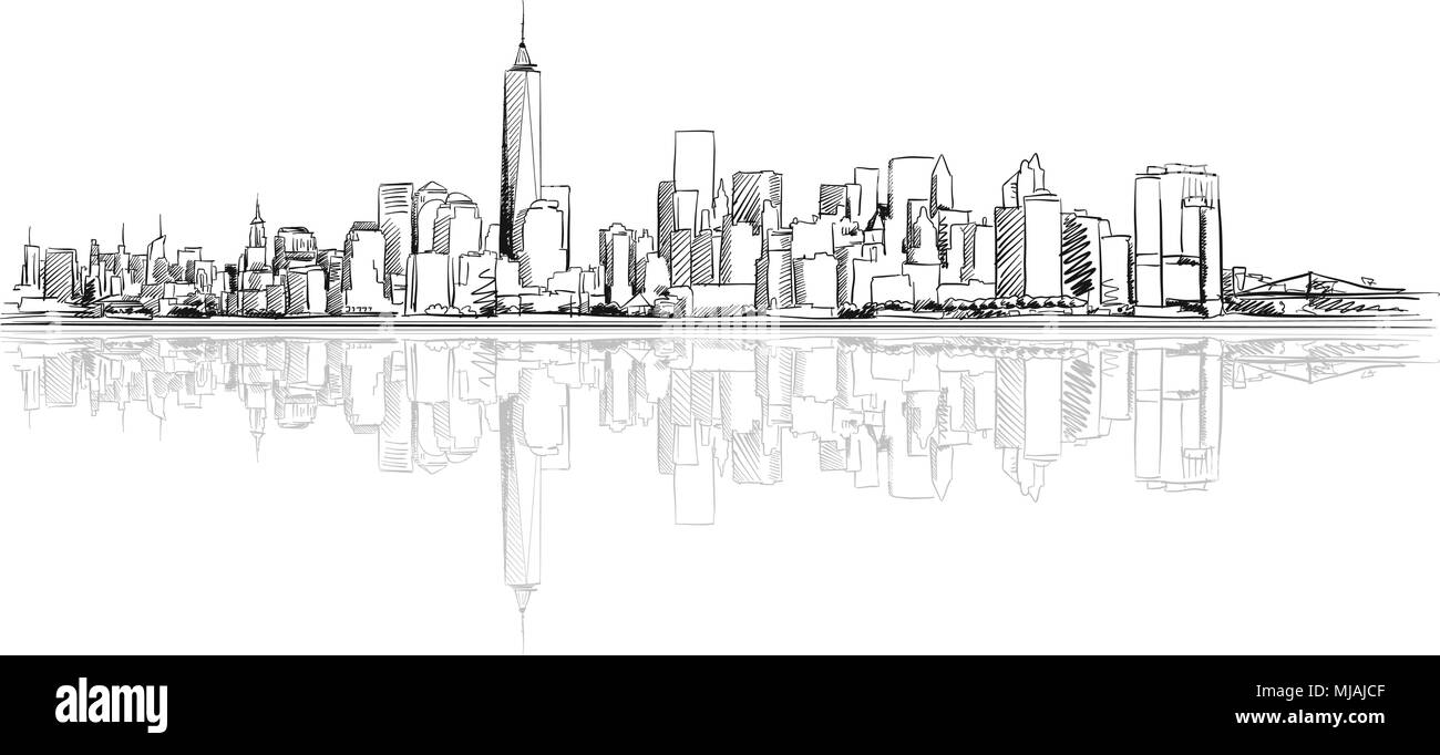 New York City skizzieren Skizze mit Reflexion, Handgezeichnete Vektorgrafiken Stock Vektor