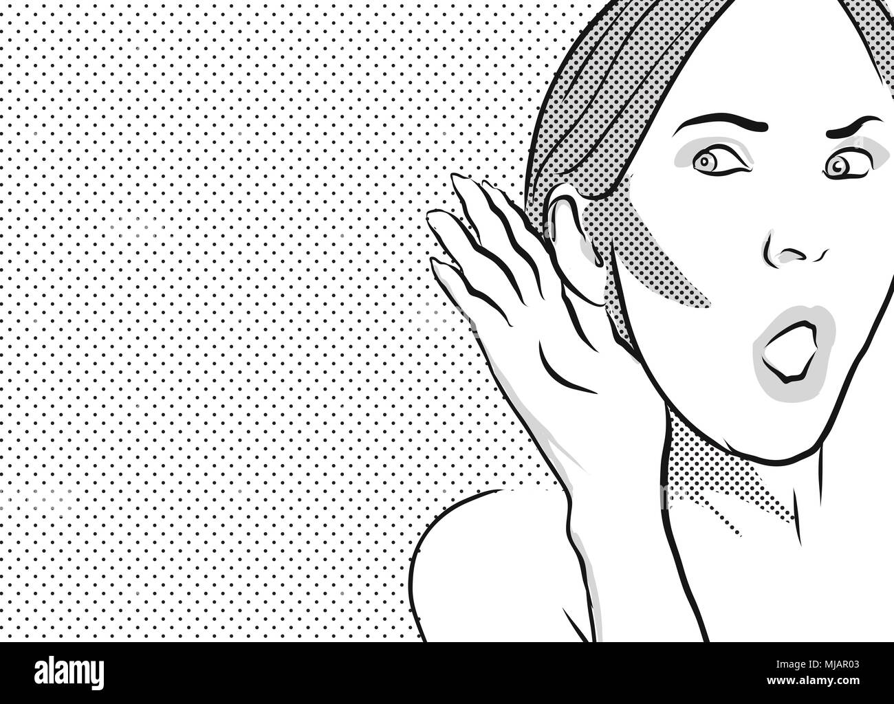 Klatsch und Tratsch hören Mädchen Comic vintage clipart mit grau gepunkteten Hintergrund Stockfoto