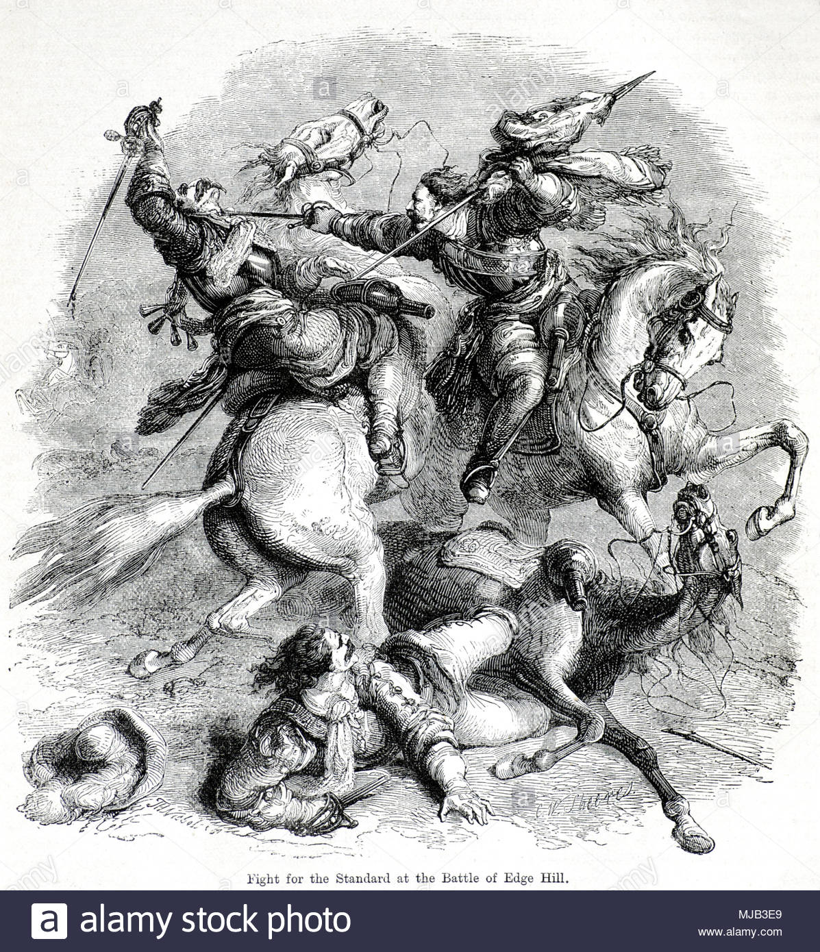 Fight for the Standard at the Battle of Edge Hill, englischer Bürgerkrieg, 23. Oktober 1642, Vintage-Illustration von ca. 1880 Stockfoto