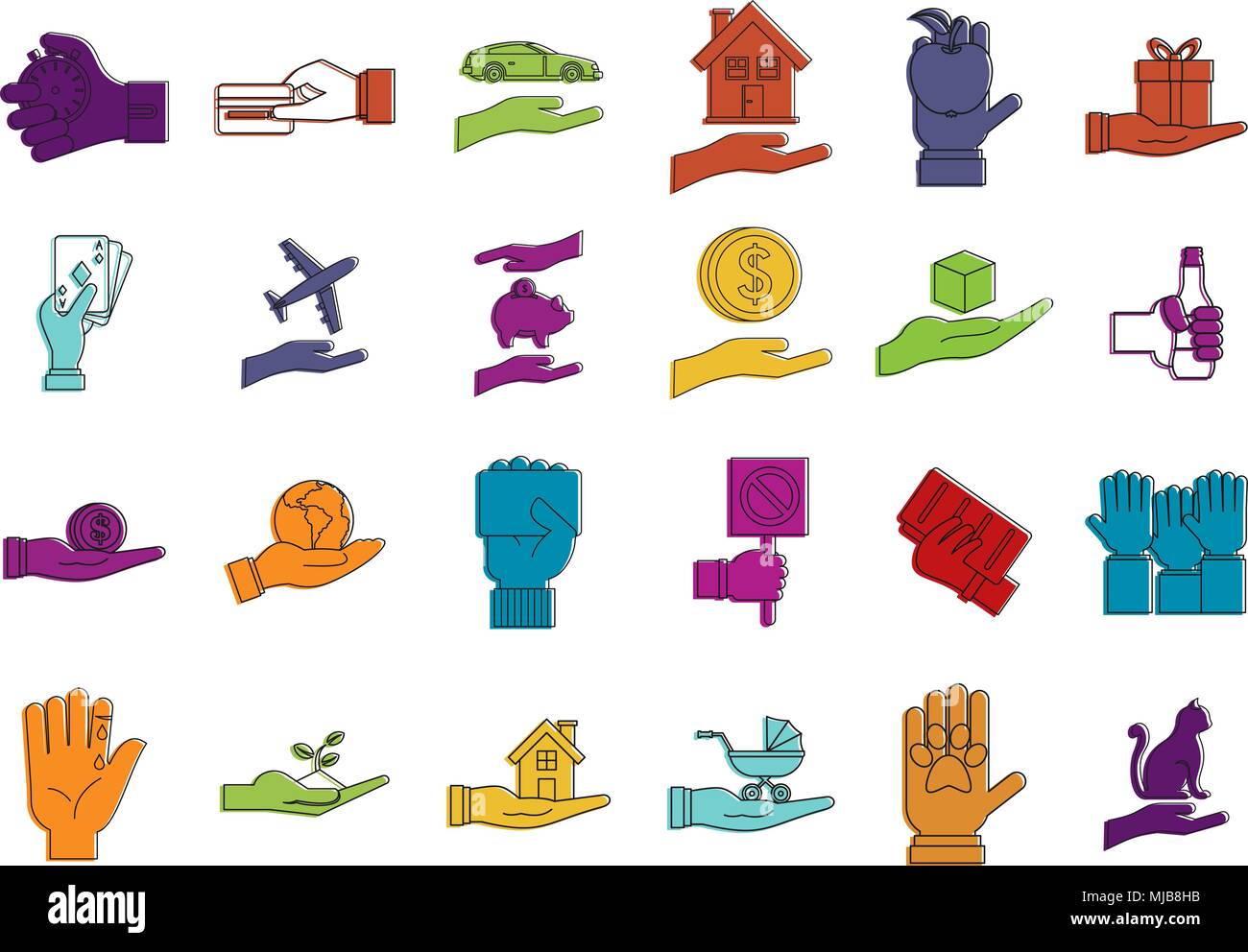 Objekt in der Hand Icon Set, Farbe Umrisse Stil Stock Vektor