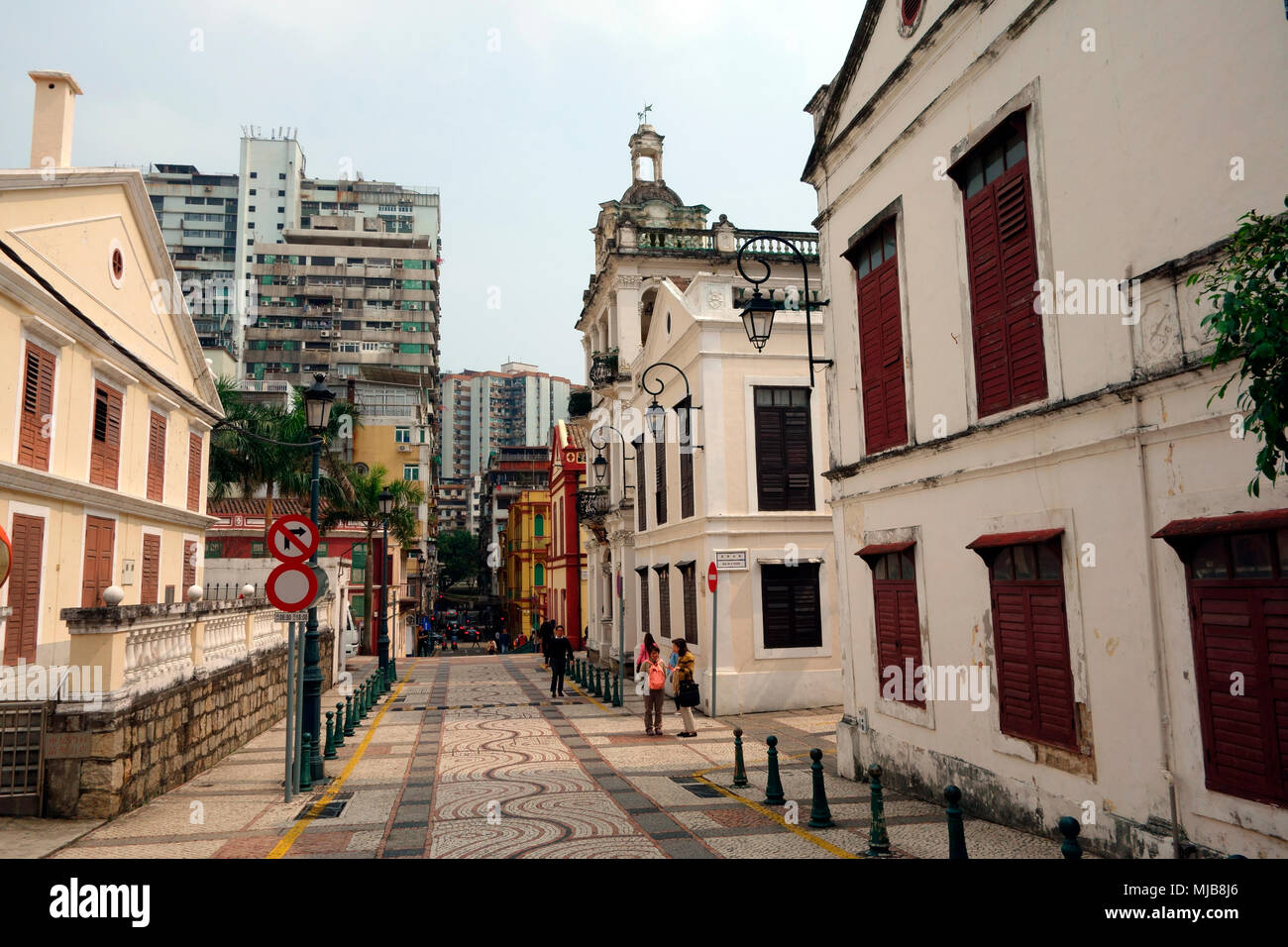 Portugiesische Kolonialarchitektur von St. Lazarus Kirche Bezirk, in Macau, der Sonderverwaltungsregion von China Stockfoto