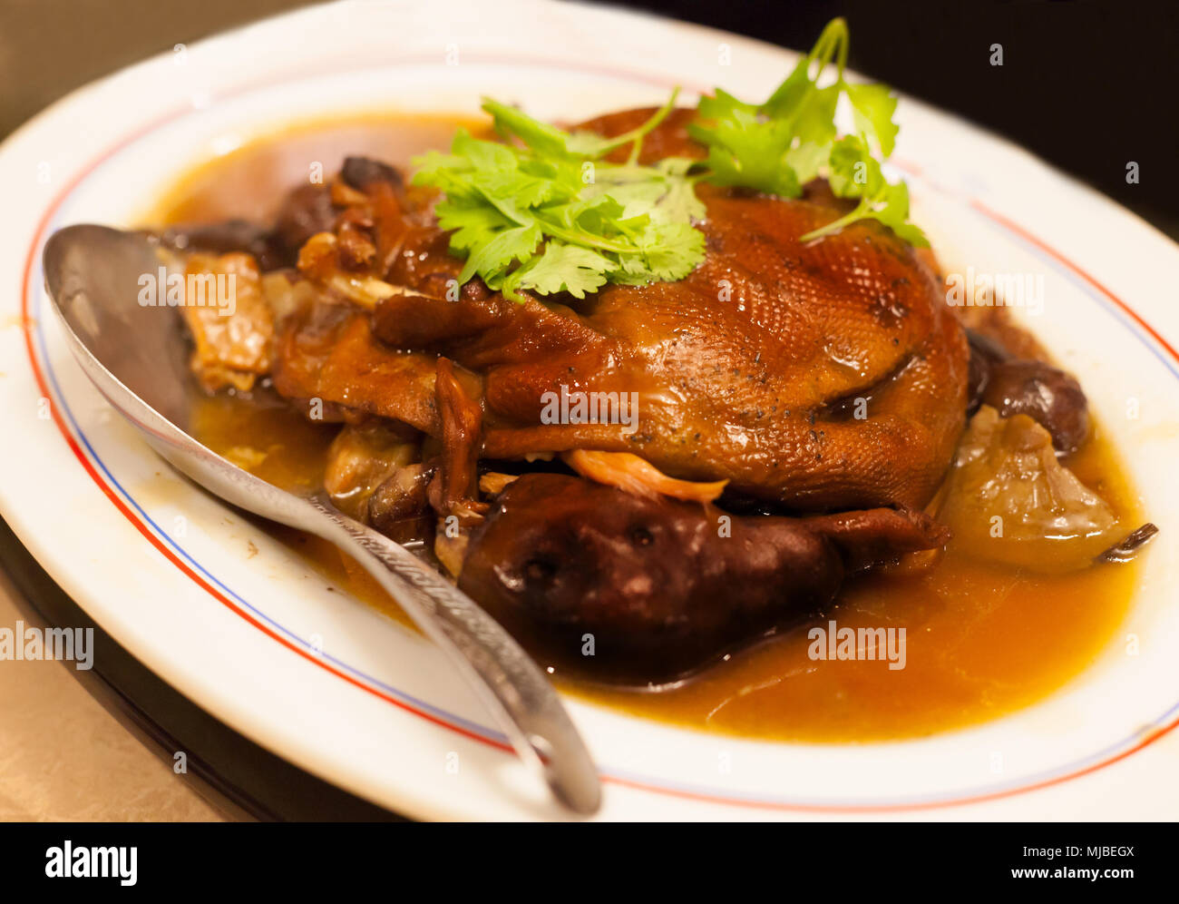 Thai chinesische asiatische Lebensmittel, Topf gedünstete Ente in Soße Suppe in weißer Teller am Tisch serviert Stockfoto