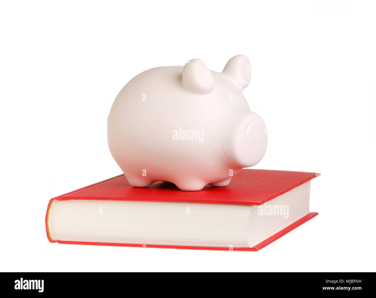 Ein sparschwein stehend auf ein geschlossenes Buch mit rotem Deckel symbolisiert, dass Wissen belohnt wird, auf weißem Hintergrund. Stockfoto