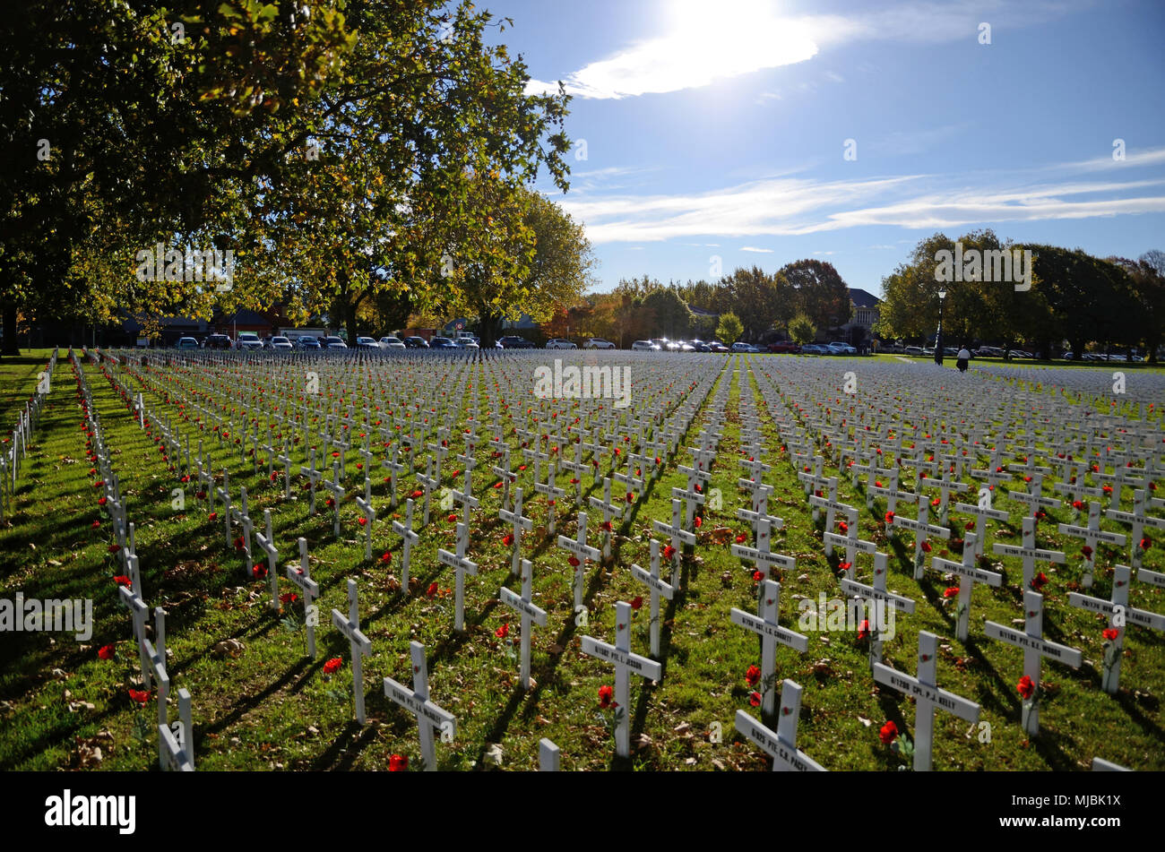 CHRISTCHURCH, NEUSEELAND, 20. APRIL 2018: ein Feld der Kreuze steht für diejenigen, die im Großen Krieg für eine Gedenkstätte auf dem Anzac Tag starb Stockfoto