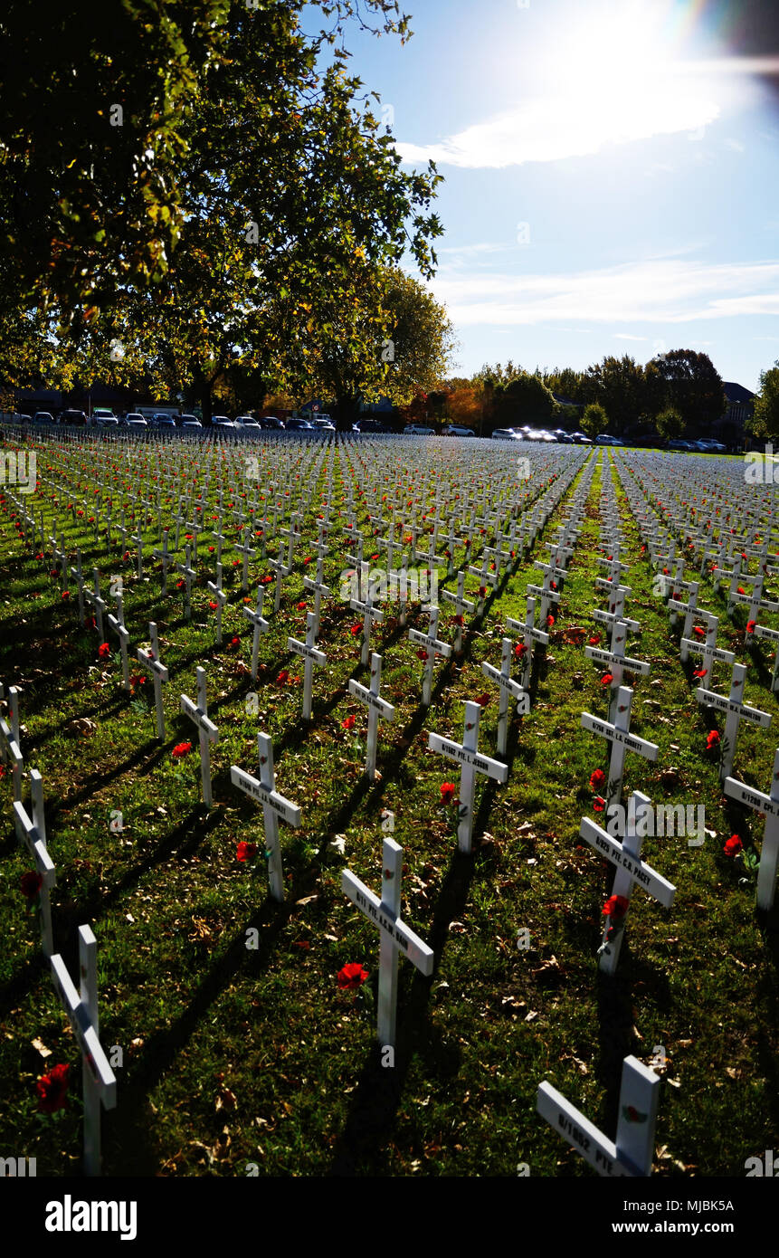 CHRISTCHURCH, NEUSEELAND, 20. APRIL 2018: ein Feld der Kreuze steht für diejenigen, die im Großen Krieg für eine Gedenkstätte auf dem Anzac Tag starb Stockfoto