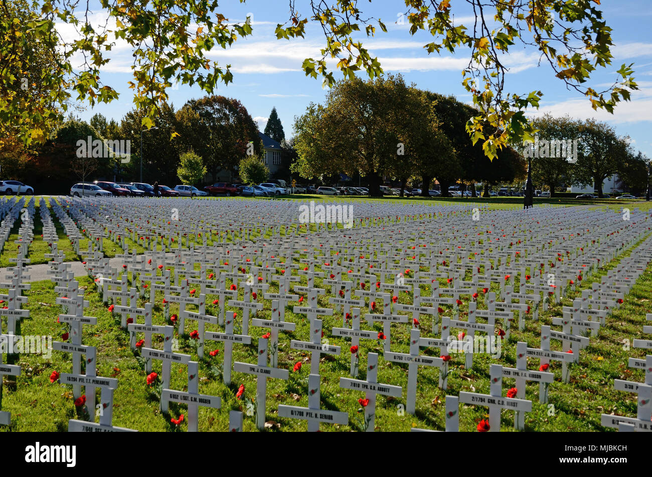 CHRISTCHURCH, NEUSEELAND, 20. APRIL 2018: ein Feld der Kreuze steht für diejenigen, die im Großen Krieg für eine Gedenkstätte auf dem Anzac Tag starb Stockfoto