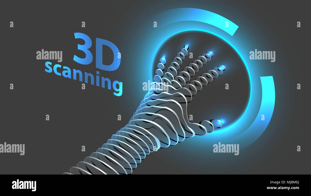 3d-scan von Hand. Zukunft Technik Konzept. Vektor Wire frame Hand des Menschen. 3D-Scannen. Stock Vektor
