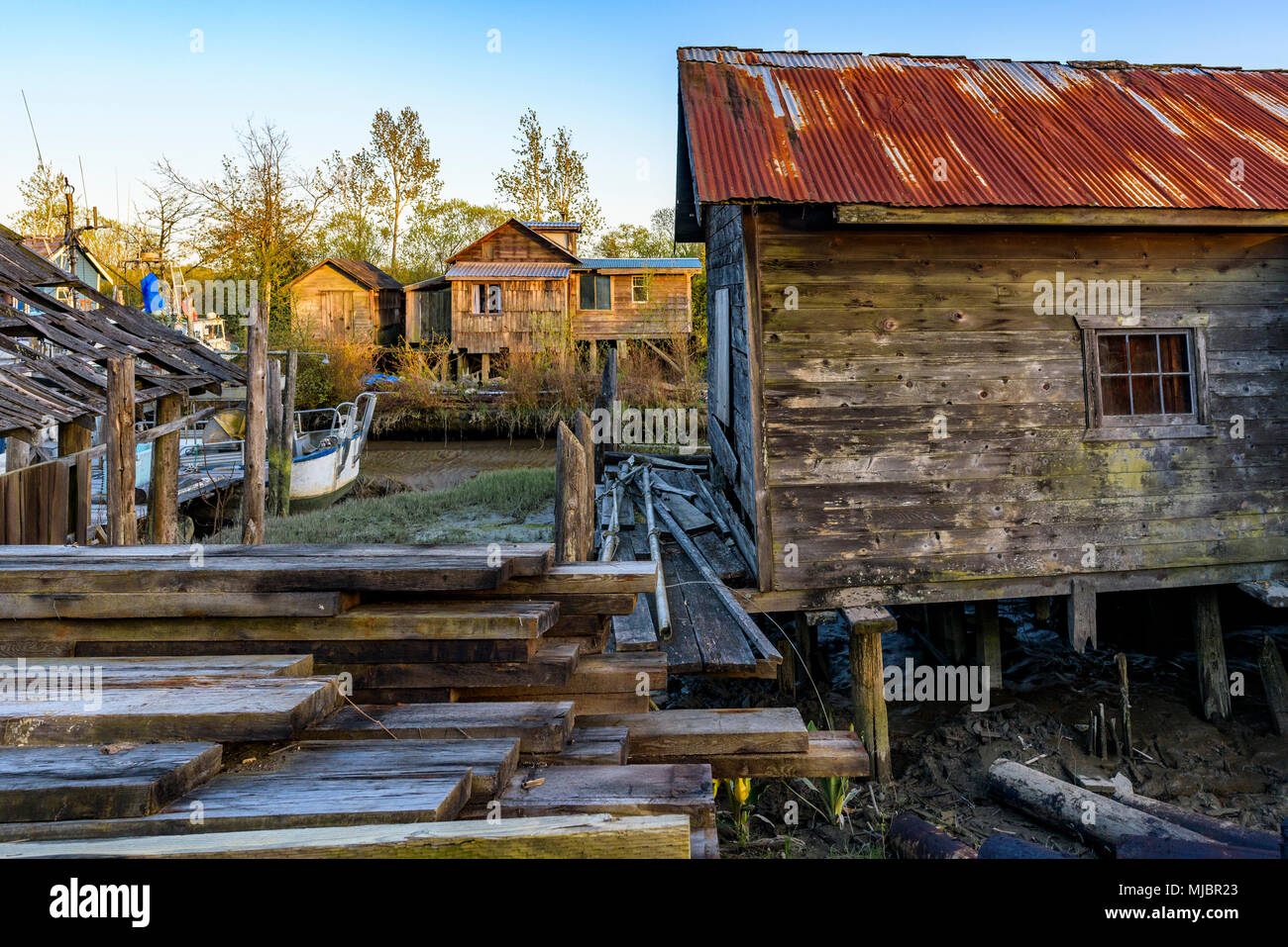 Verfallene Holzhäuser, Finn Slough, Richmond, British Columbia, Kanada. Stockfoto