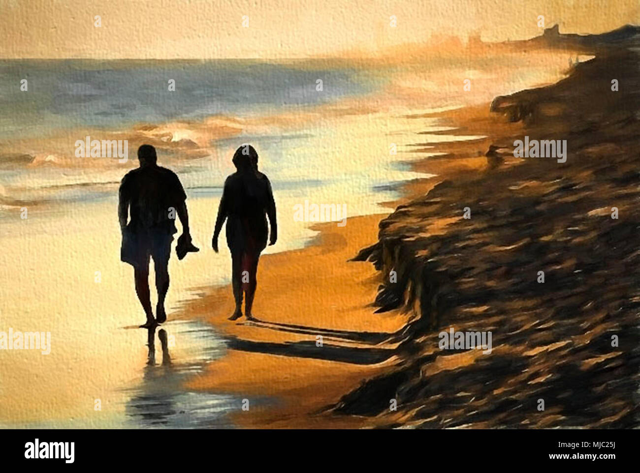 Paar auf Atlantic Shore Beach in der Dämmerung Stockfoto
