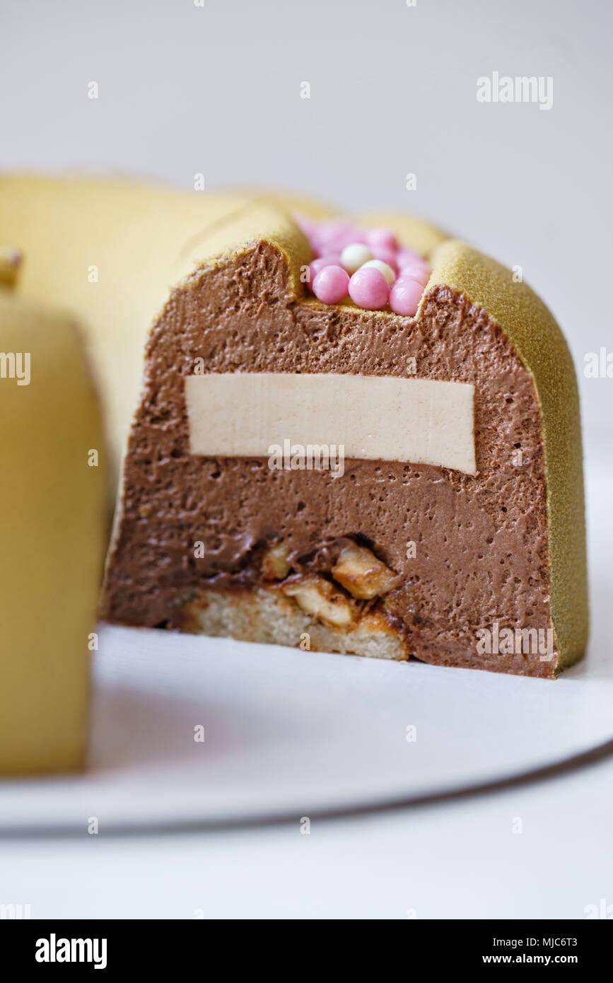 luxuriose kleine kuche, luxuriöse runde dessert mit rosa schokolade sphären. gelbe mousse, Design ideen