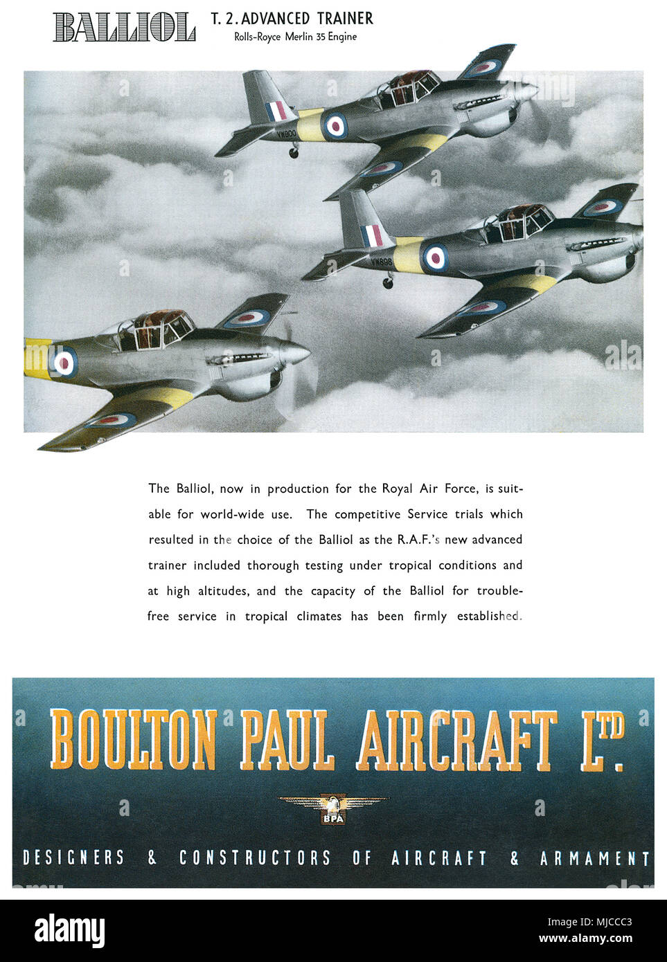 1950 britischen Werbung die Boulton Paul Balliol T2 Advanced Training Aircraft. Stockfoto