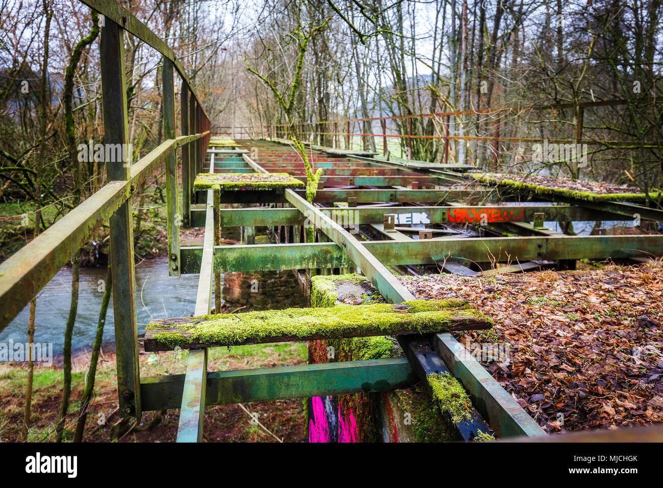 Eine alte Eisenbahnbrücke der Primstalbahn in der Nähe von Waldern Stockfoto