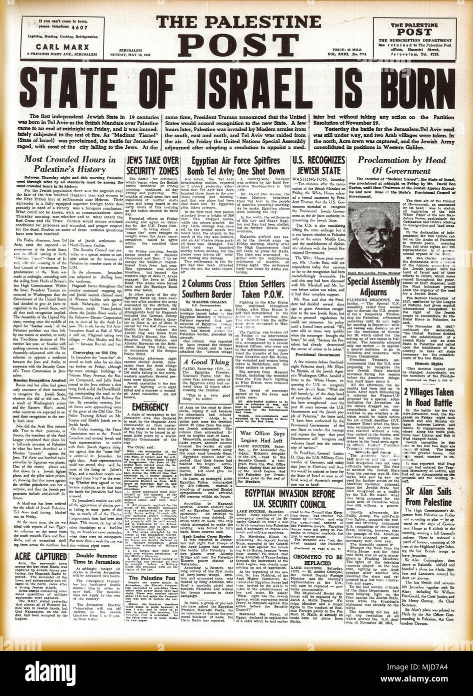 JERUSALEM, 18. MAI 1948: Faksimile der ersten Seite des Palästina Post erklärt die Geburt des modernen Staates Israel. Stockfoto