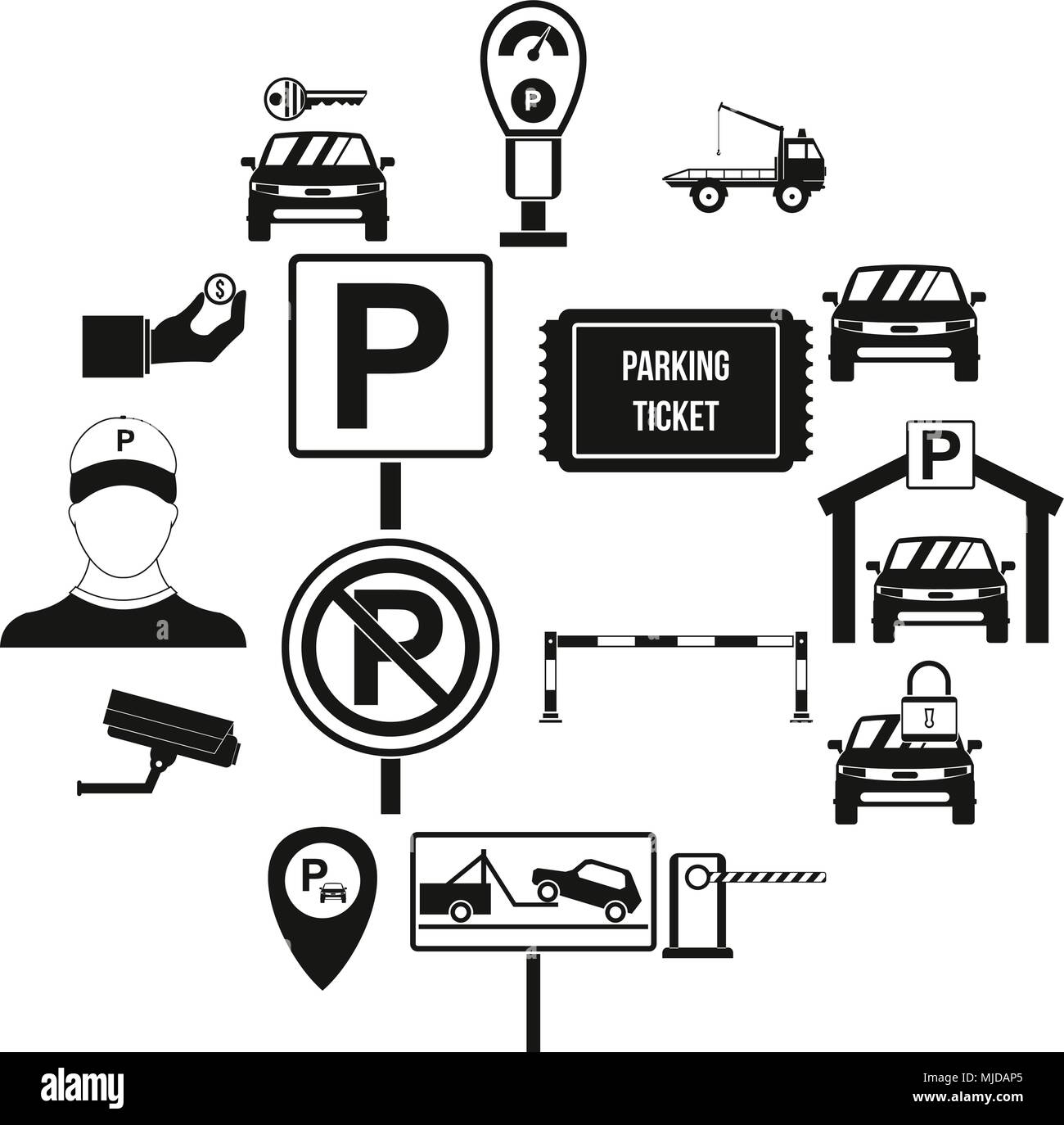 Parkplätze stellen Icons, einfachen Stil Stock Vektor