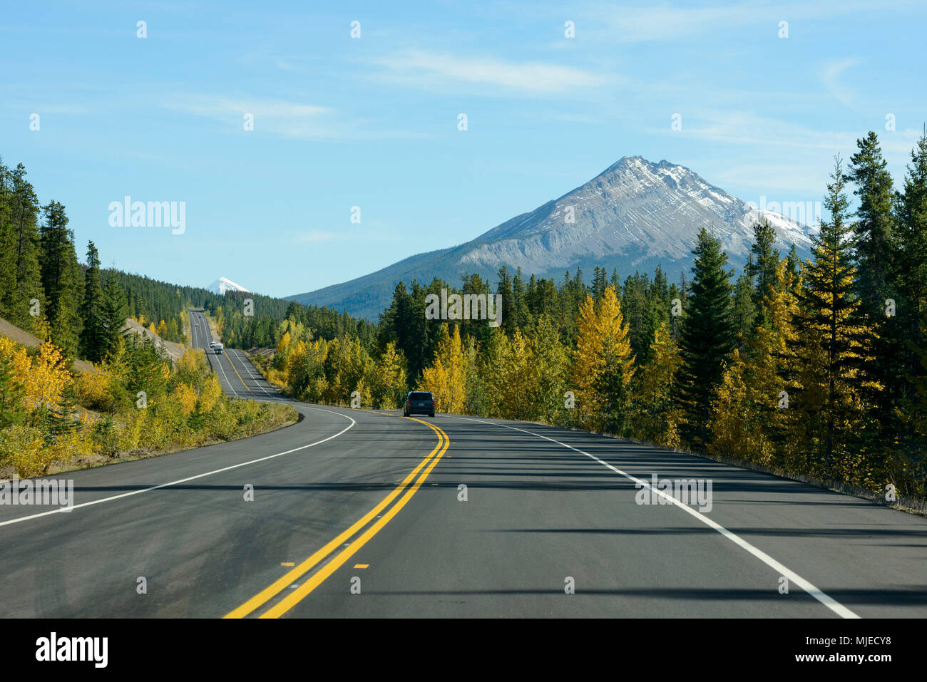 Icefields AB-93 Road, Rocky Mountains, Auto, Abenteuer, Reise, line, Kennzeichnung, Berg, Wald Stockfoto