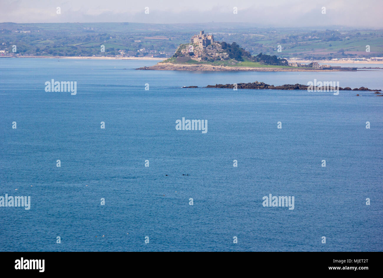 Marazion, Cornwall, UK, Samstag, 5. Mai 2018. Urlaub in Cornwall lassen Sie sich von einer Herde von über einem Dutzend Delphine in der Nähe von St. Michael's Mount während der Bank Holiday Wochenende überrascht. Credit: Hollie Kemp/Alamy leben Nachrichten Stockfoto