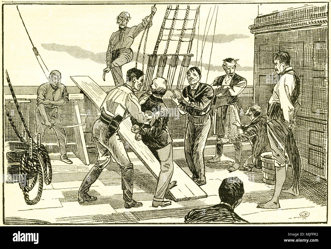 Gravur der Piraten ihren Gefangenen die Planke gehen zu zwingen. Von einem ursprünglichen Gravur in der Jungen von England Magazin 1894. Stockfoto