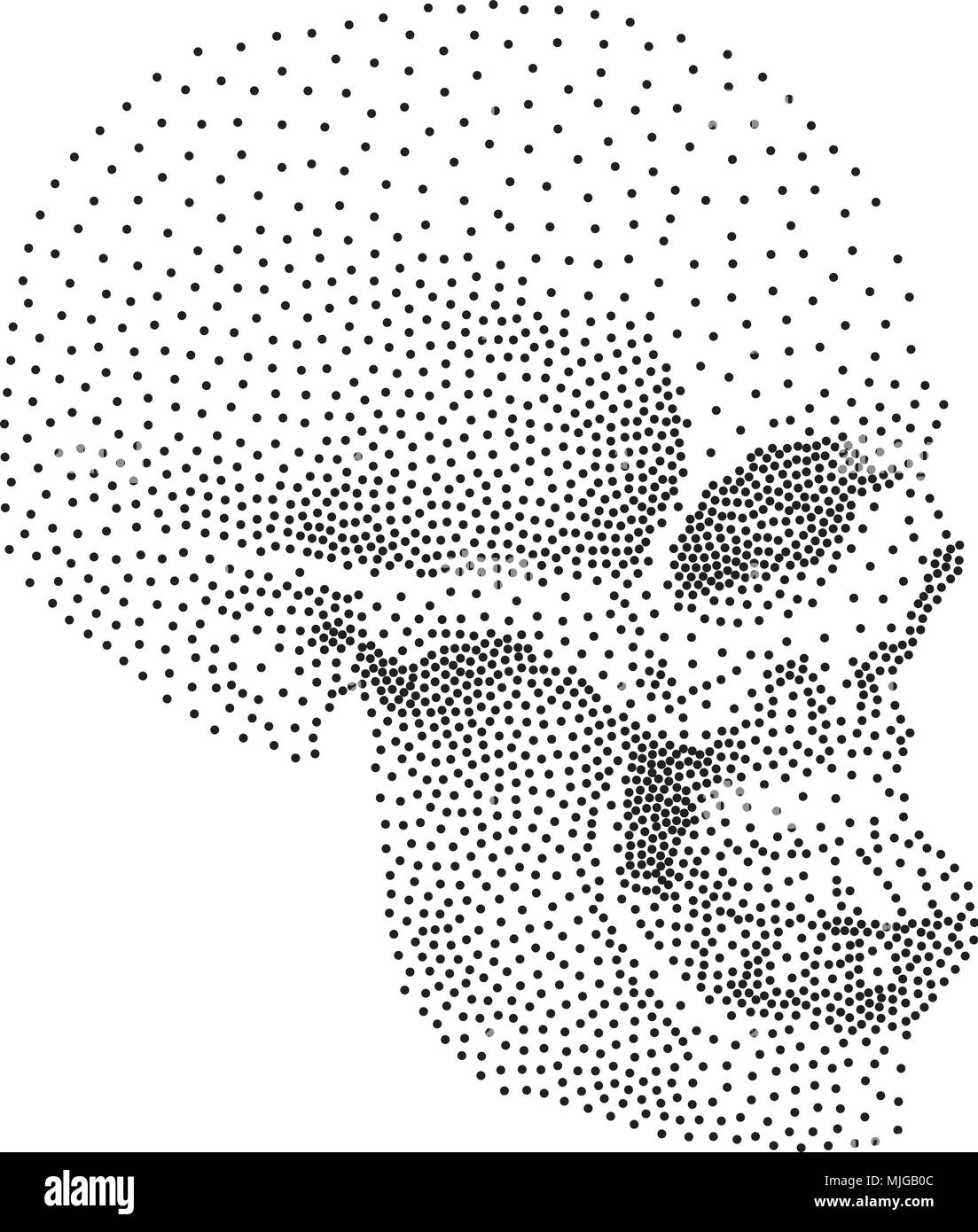 Schädel im Profil auf weißem Hintergrund. Einfache schwarze Punkte auf weißem Hintergrund. Digitale Pointillismus. Punkte in der Form des Schädels eingestellt Stock Vektor