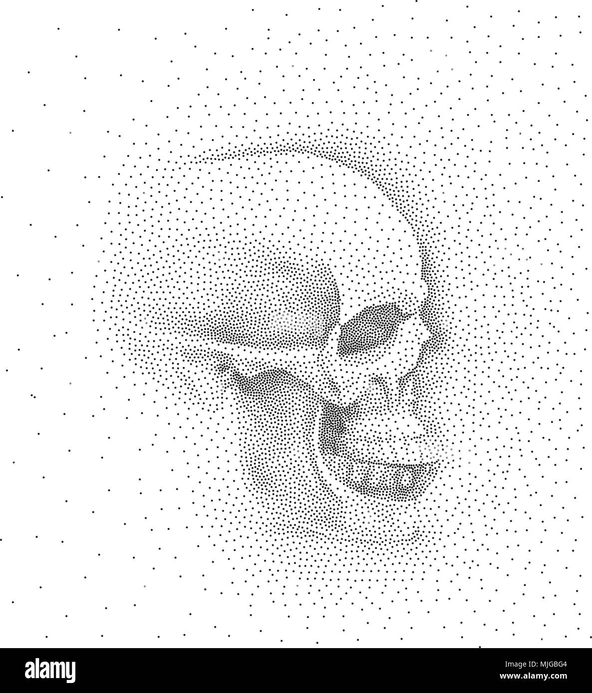 Schädel im Profil auf weißem Hintergrund. Einfache schwarze Punkte auf weißem Hintergrund. Digitale Pointillismus. Dot Bild Stock Vektor