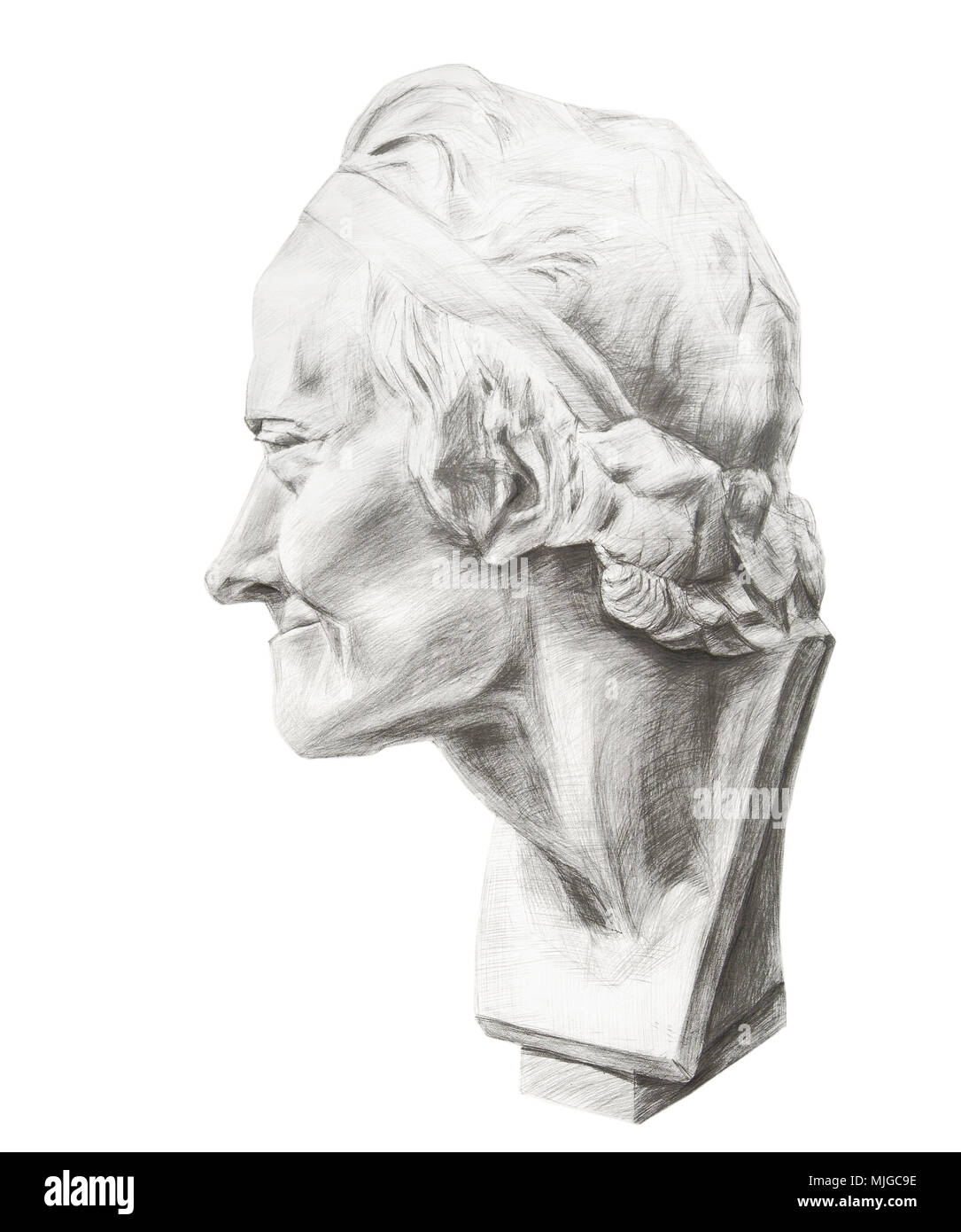Zeichnung von Voltaires Gips Kopf. Kopf von Voltaire im Profil. Gips Skulptur des Philosophen Voltaire Stockfoto