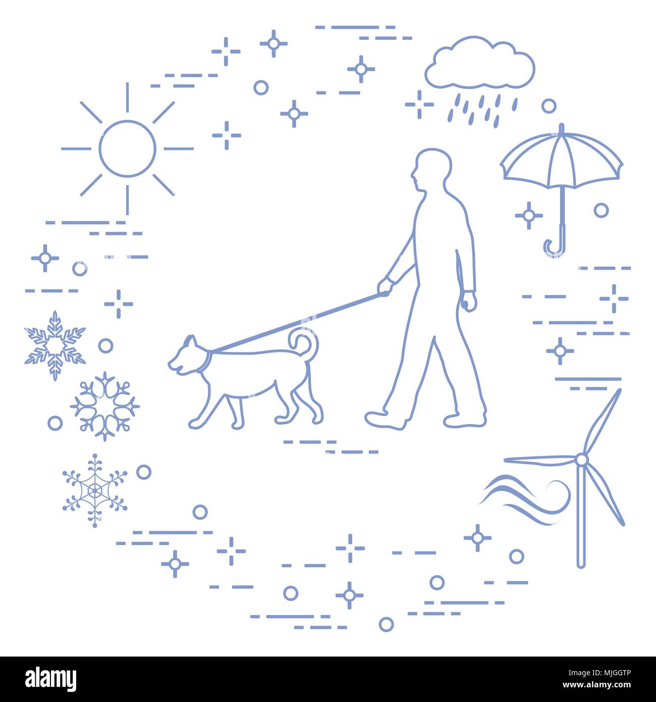 Mann ein Hund an der Leine bei jedem Wetter. Sonne, Wolke, Regen,  Regenschirm, Schneeflocken, Wind, wind Generator Stock-Vektorgrafik - Alamy