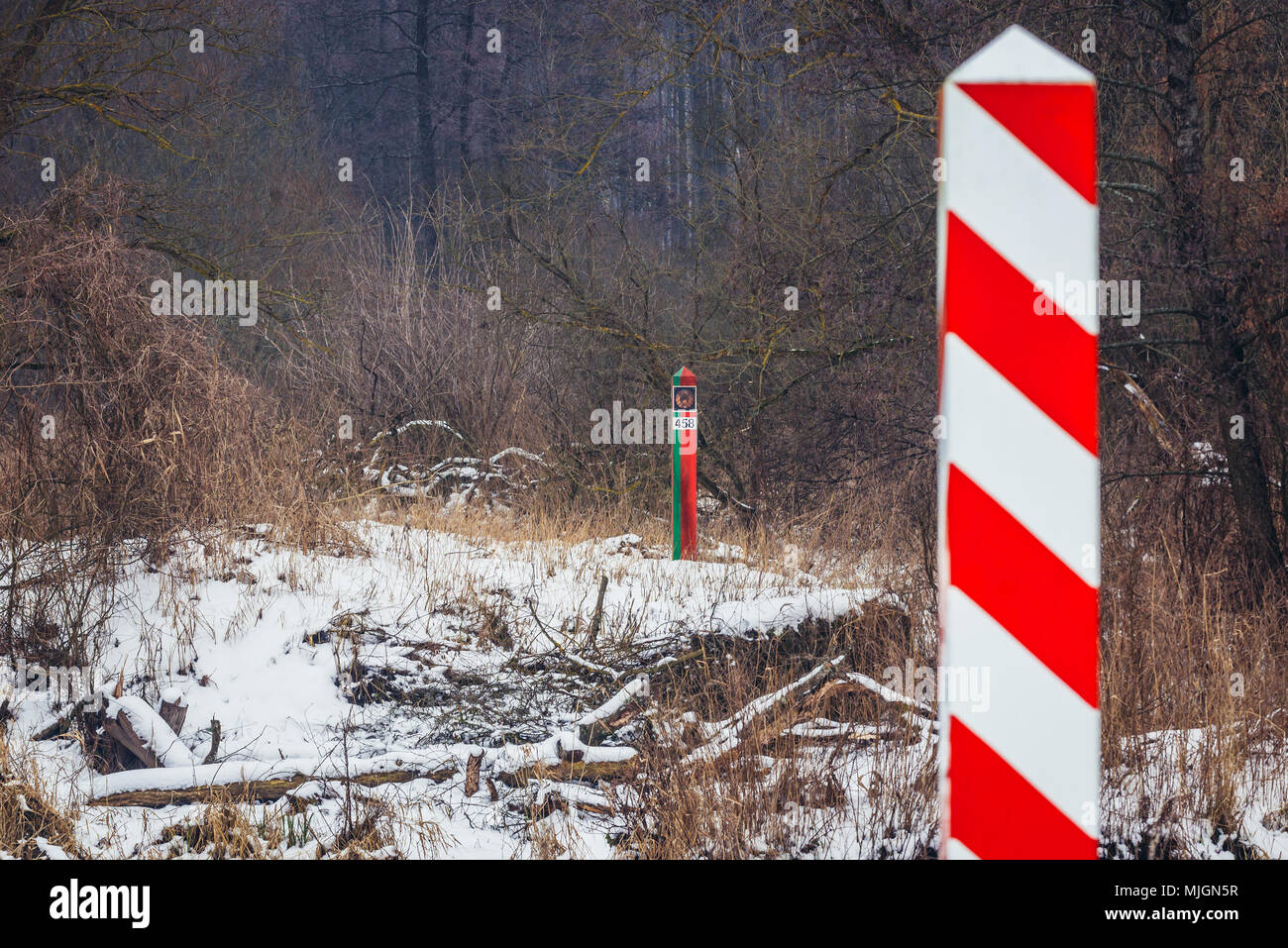 Über Swislocz polish-belarusian Grenze Fluss Mostowlany Dorf in Bialystok County, Woiwodschaft Podlachien, Polen Stockfoto