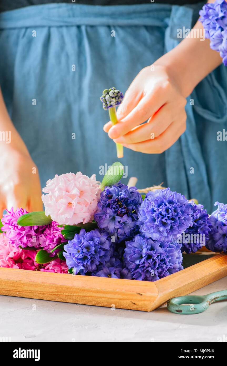 Florist Mädchen Verbeugung tieing Blumenstrauß aus Hyazinthen Blumen. Ein Blumengeschäft, ein Geschenk, das Konzept. Stockfoto