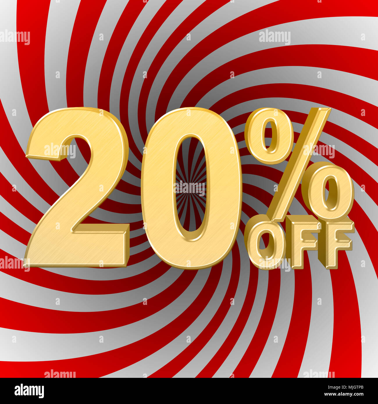 Stock Illustration - Große Goldene Text: 20 Prozent Weg, dem Verkauf, der Goldenen Zahlen, 3D-Illustration, roten und weißen Twisted Hintergrund. Stockfoto