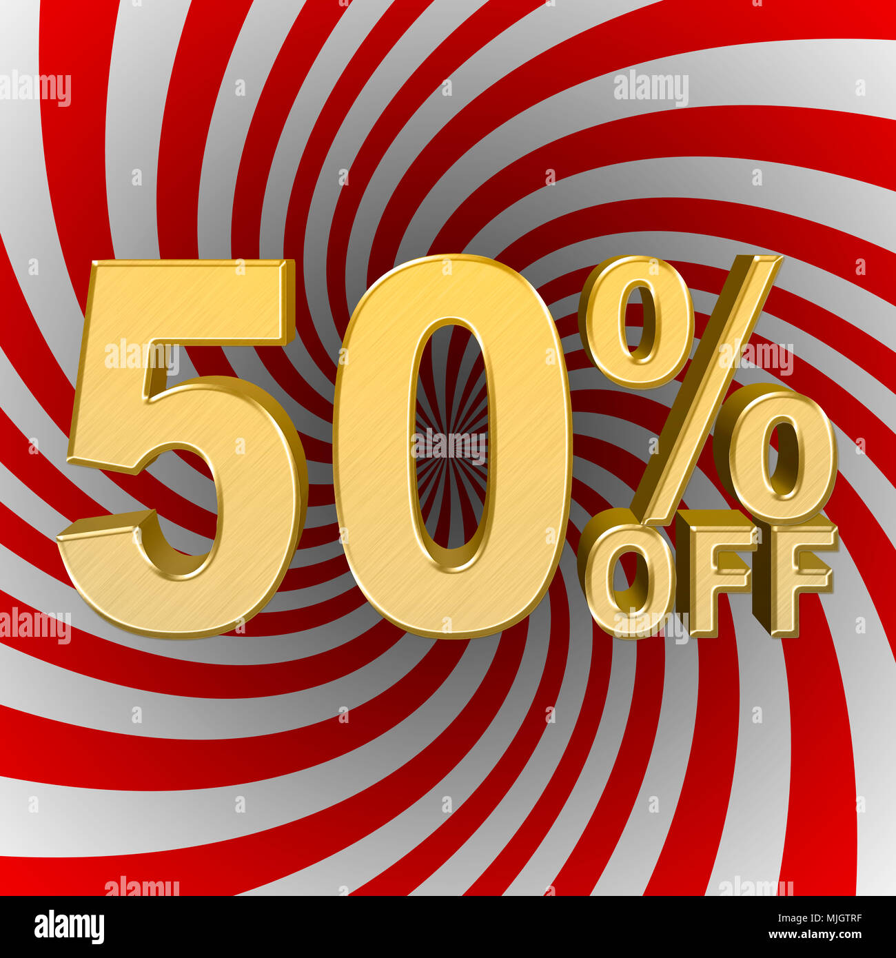 Stock Illustration - Große Goldene Text: 50 Prozent Weg, dem Verkauf, der Goldenen Zahlen, 3D-Illustration, roten und weißen Twisted Hintergrund. Stockfoto
