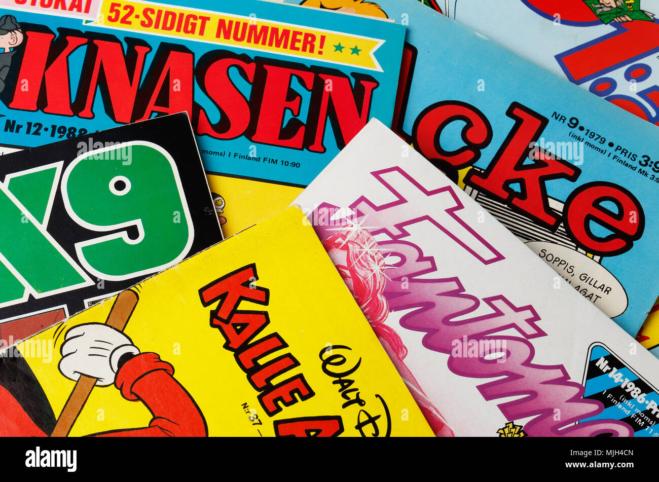 Stockholm, Schweden - 21 August 2016: Collage der Schwedische Comics Titelseiten aus den 1970er und 1980er Jahren, einschließlich Archie, das Phantom, 91 Karlsson, Stockfoto
