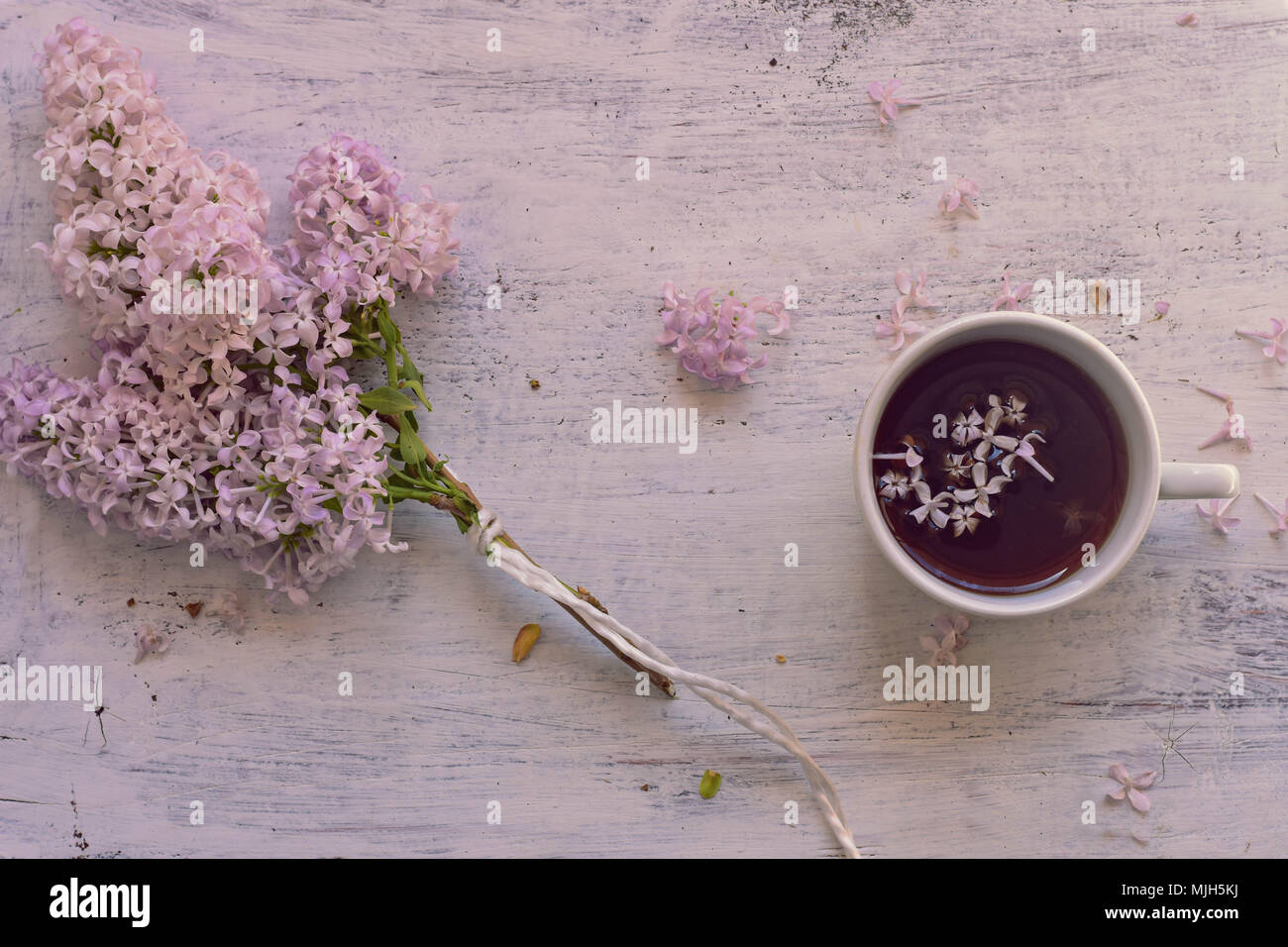 Blumenstrauß aus Lila Lila Blumen und Tasse Tee auf hellen Hintergrund/teatime/Frühling Hintergrund/gemütlich zu Hause / home Feder Dekoration Stockfoto