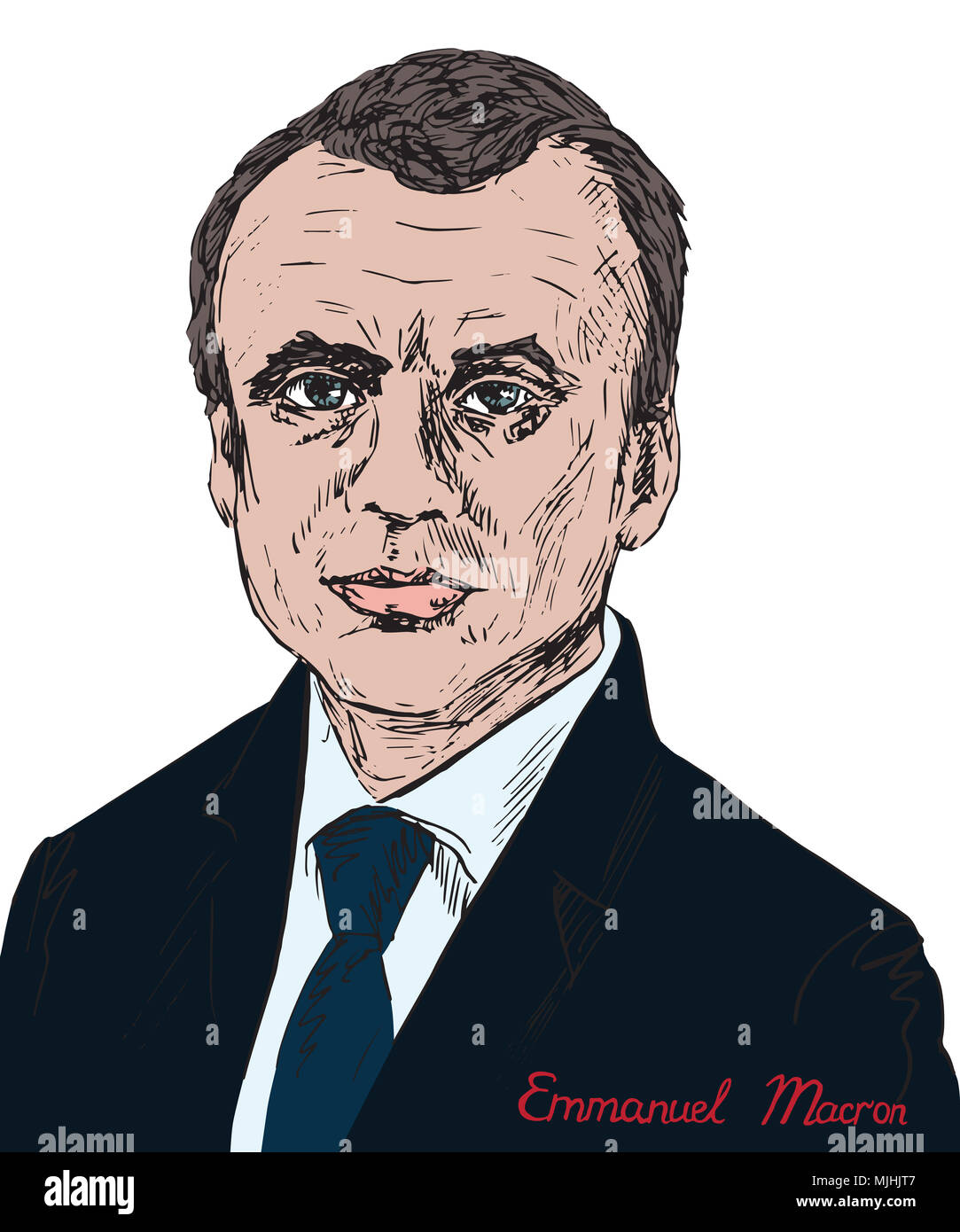 Emmanuel Jean-Michel Frédéric längestrich Gesicht vorne, französischer Politiker als Präsident von Frankreich und von Amts wegen Co-Prince von Andorra, Hand gezeichnet Stockfoto